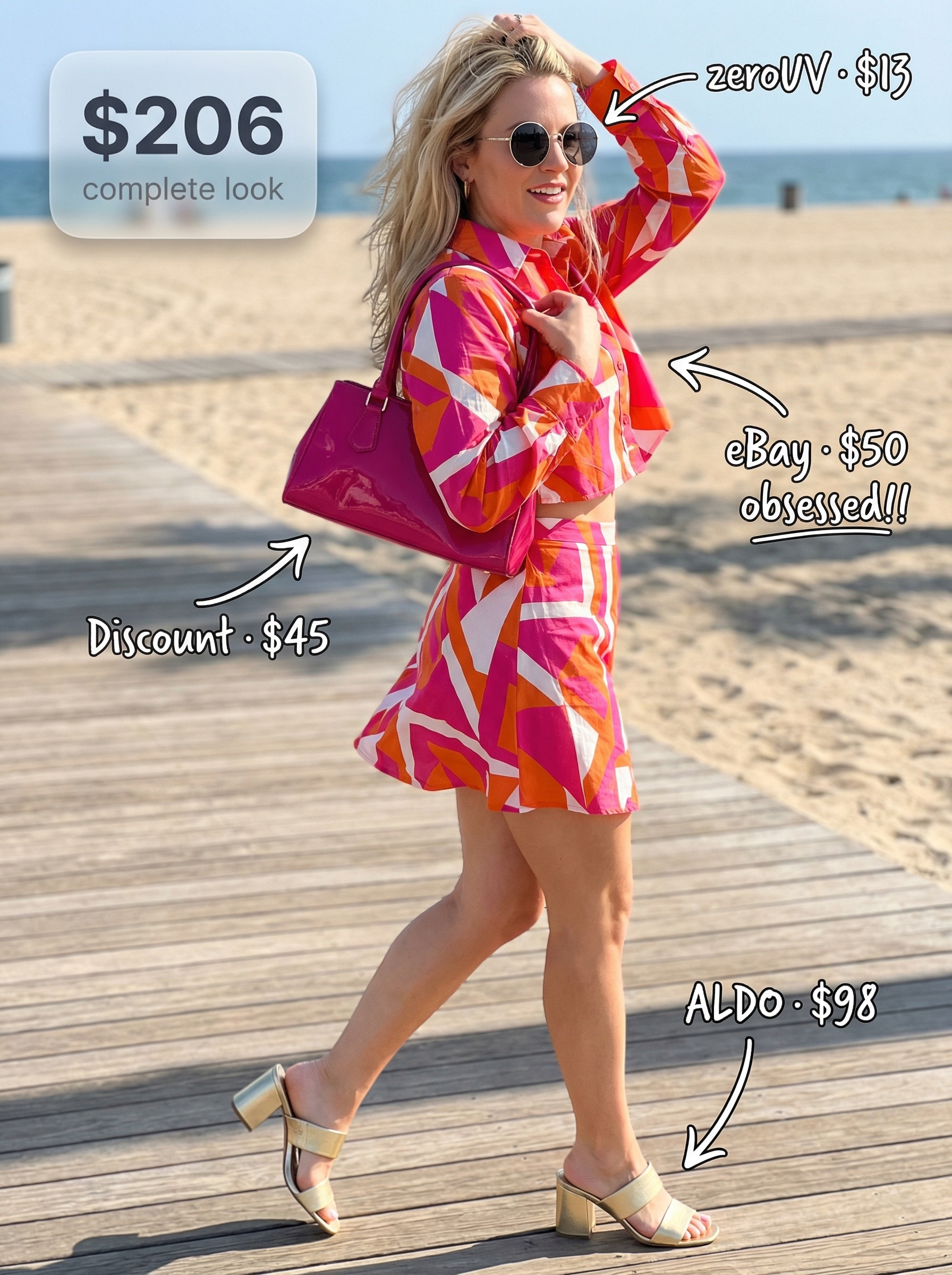 A fun geometric print two-piece set in orange, pink, and white for colorful summer outfits 2026, featuring a cropped shirt and high-waisted shorts, paired with a hot pink mini bag, white block heel mules, and oversized round sunglasses.