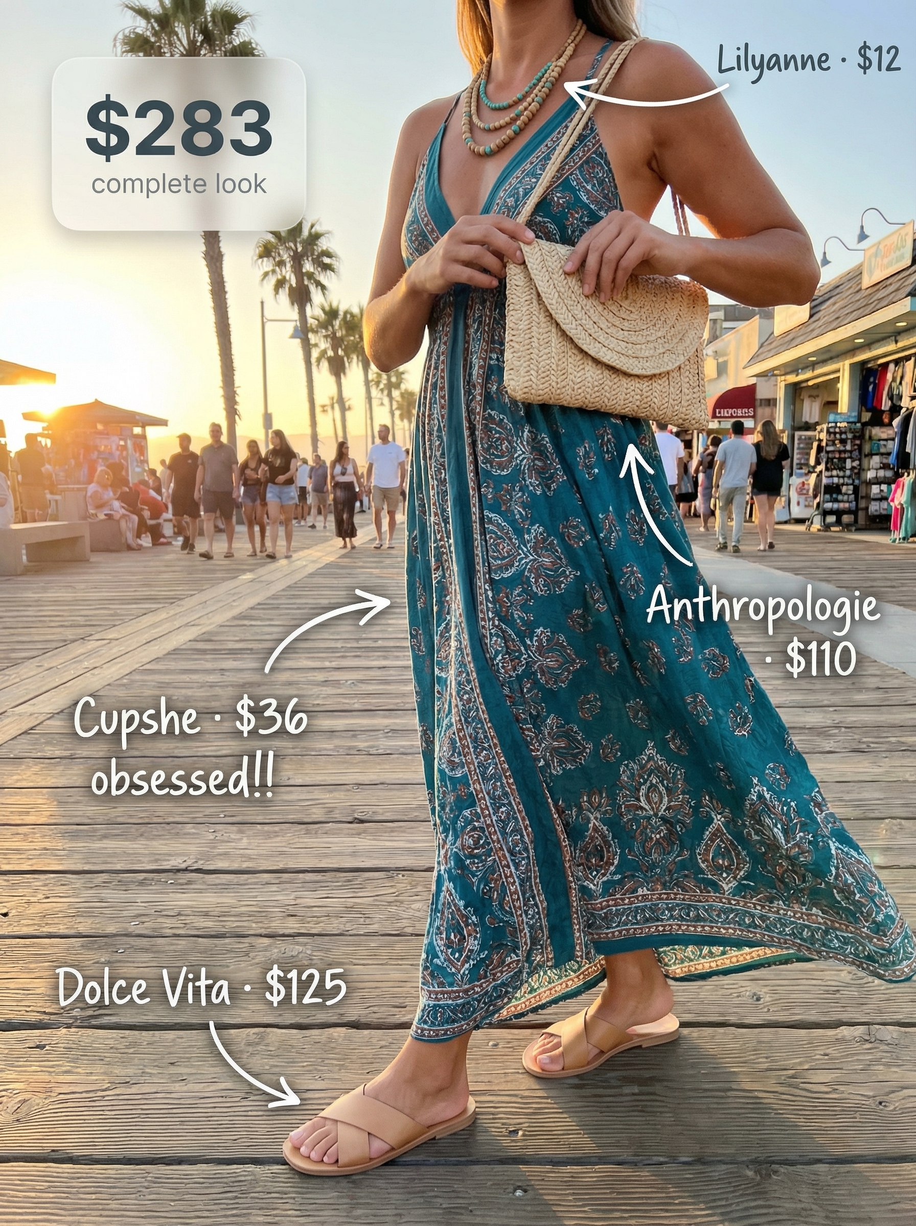 Bohemian colorful summer outfits 2026 for a beach sunset featuring a teal paisley maxi dress, rust brown flat sandals, layered beaded necklaces, and a straw clutch.
