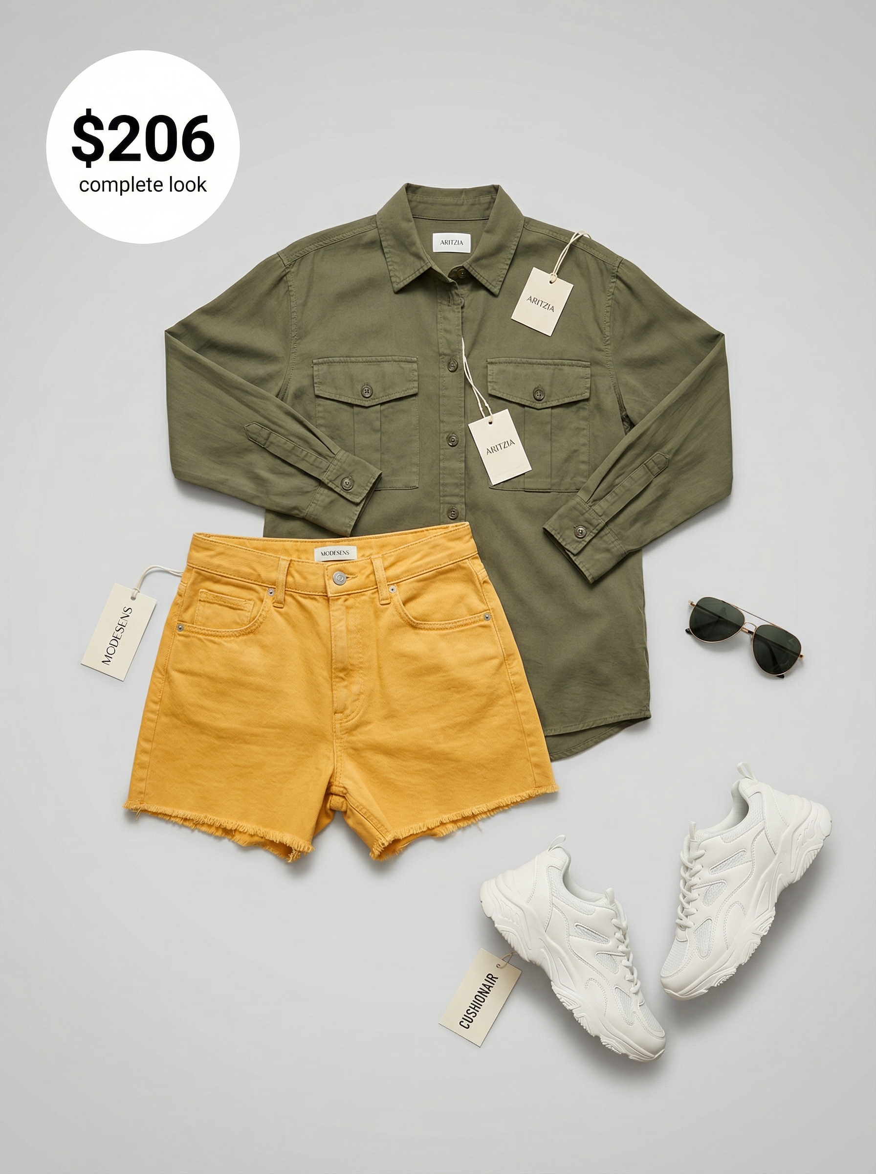 Adventurous colorful summer outfits 2026 for city exploration featuring marigold yellow denim shorts, an olive green utility shirt, chunky sneakers, and a tan belt bag.