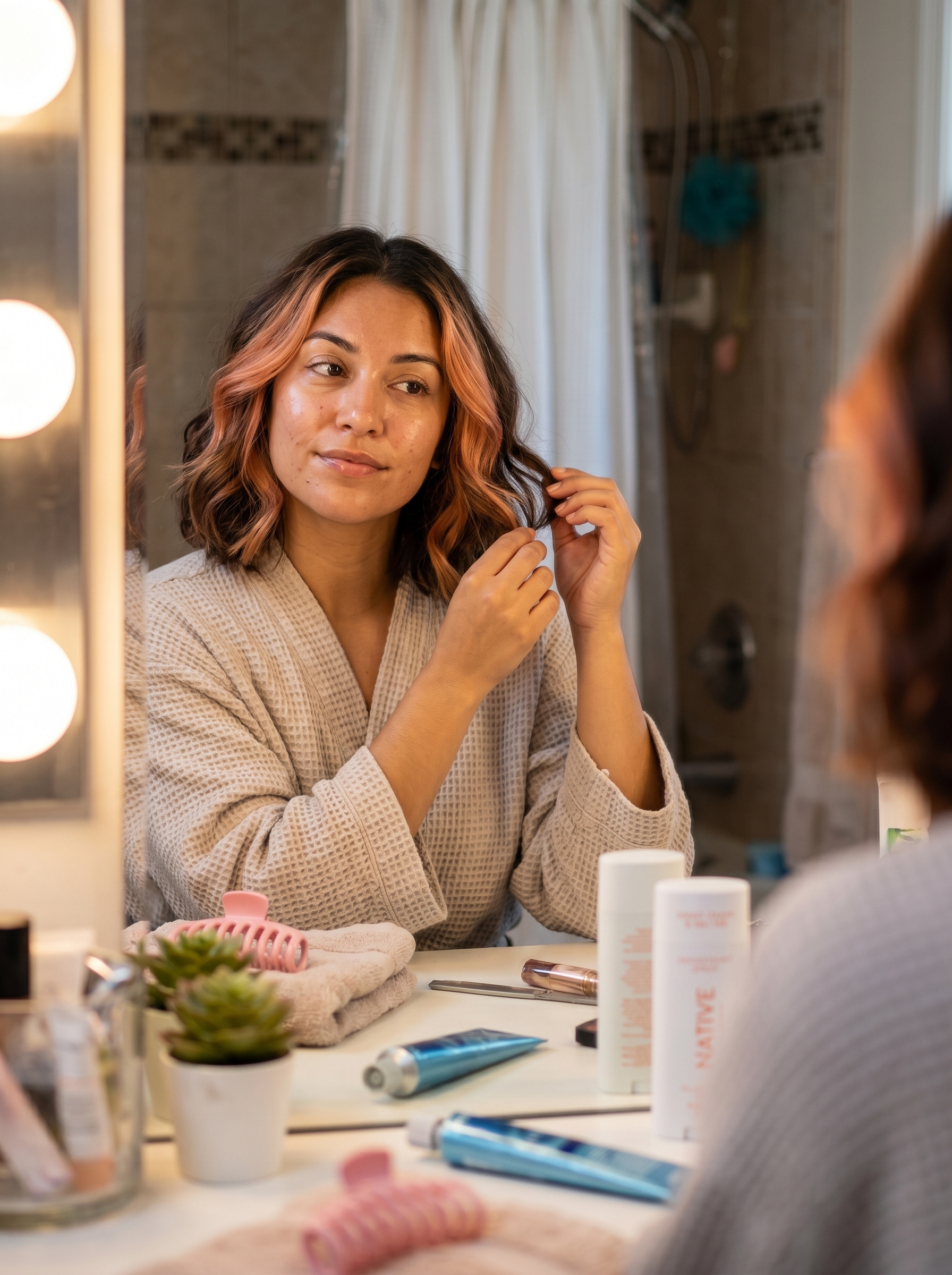 Playful apricot crush flipped bob with geometric hair clips, a chic cool summer hair idea 2026. This vibrant style uses a direct dye, round brush, and high-shine serum for a lively, energetic look perfect for brunch or a party.