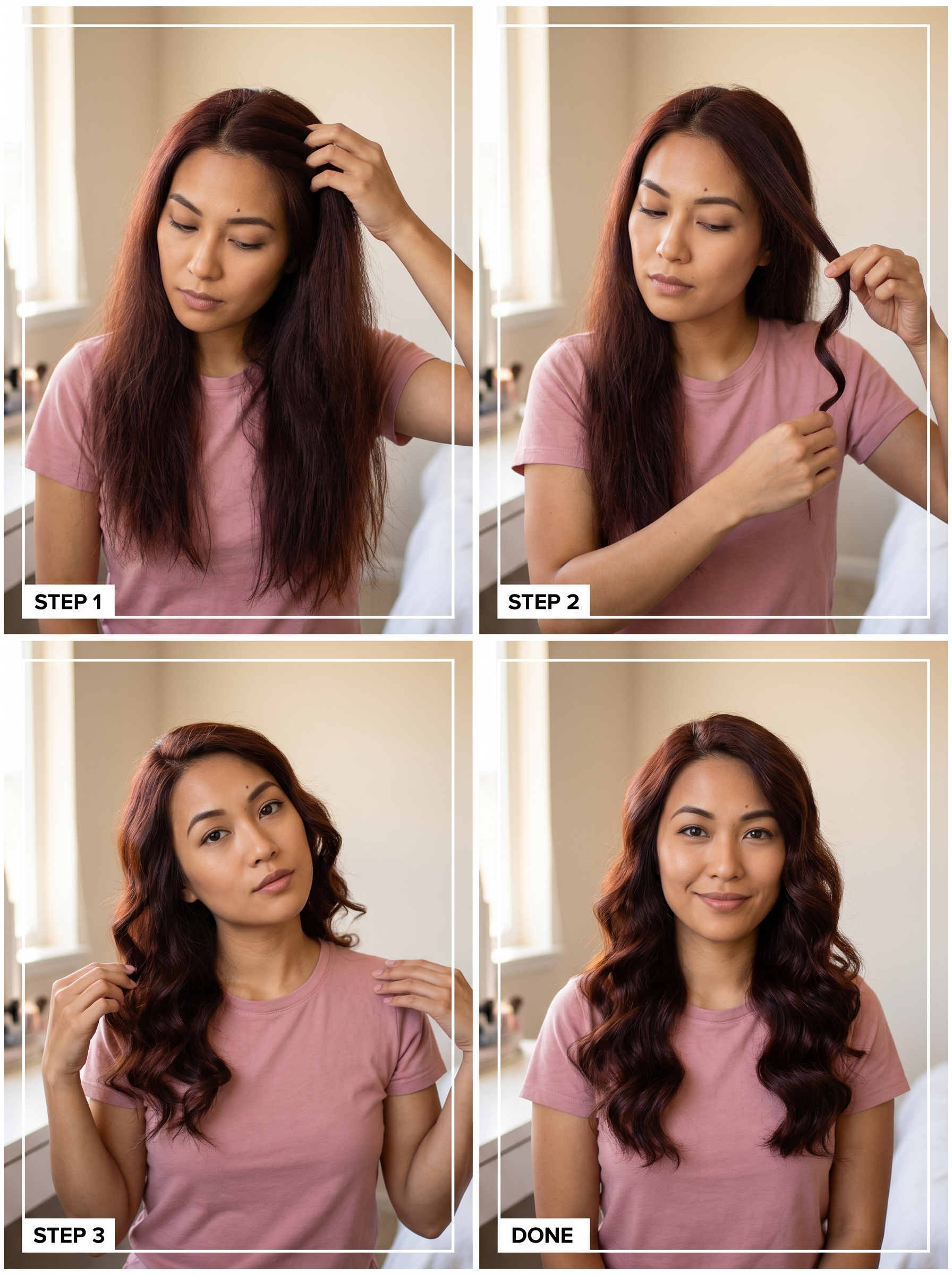 Vibrant glazed terracotta coastal cowgirl waves with a denim ribbon, a warm cool summer hair idea 2026. This adventurous look uses professional dye, sea salt spray, and high-gloss spray for a rich, textured finish.