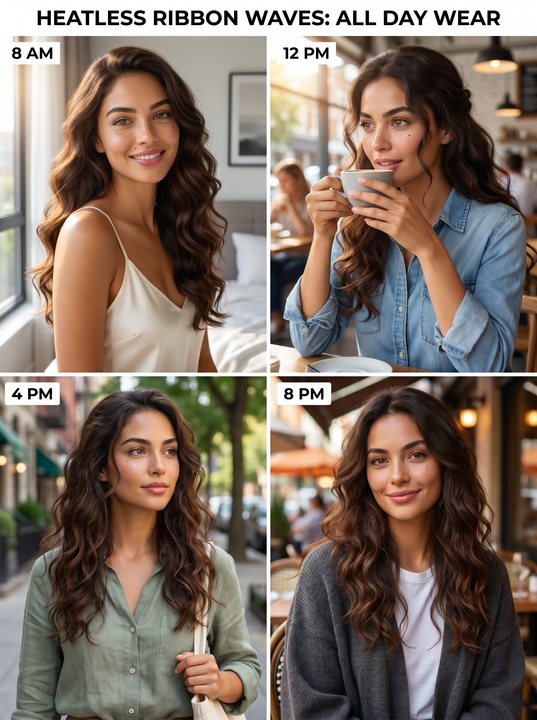 Romantic Heatless Ribbon Waves in natural hair, featuring an apricot crush silk ribbon, a key trend for cool summer hair ideas 2026, perfect for date night.