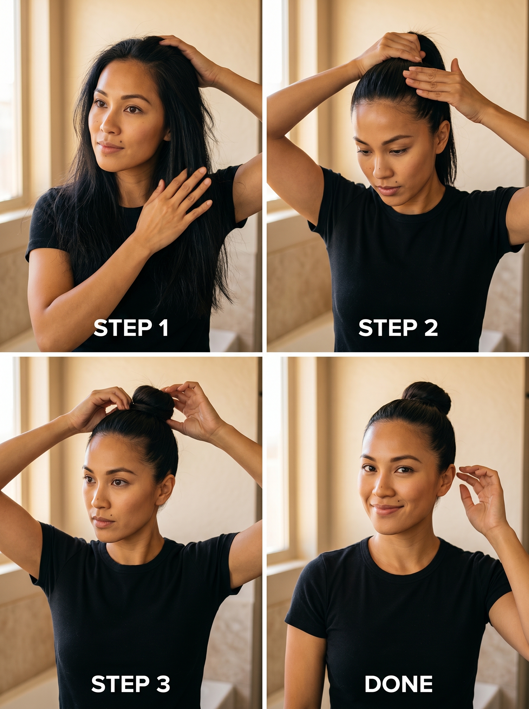 Sleek Scandi-Slick Bun, a minimalist and polished updo featuring natural hair color with lightweight oil, an excellent cool summer hair idea 2026 for workouts or formal events.