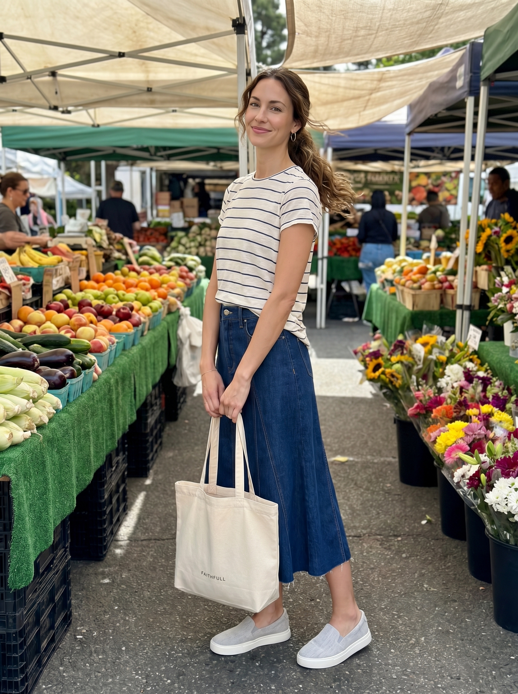 Comfortable cool summer outfit with a denim midi skirt, a striped t-shirt, and grey slip-on sneakers, perfect for weekend errands or a casual lunch.