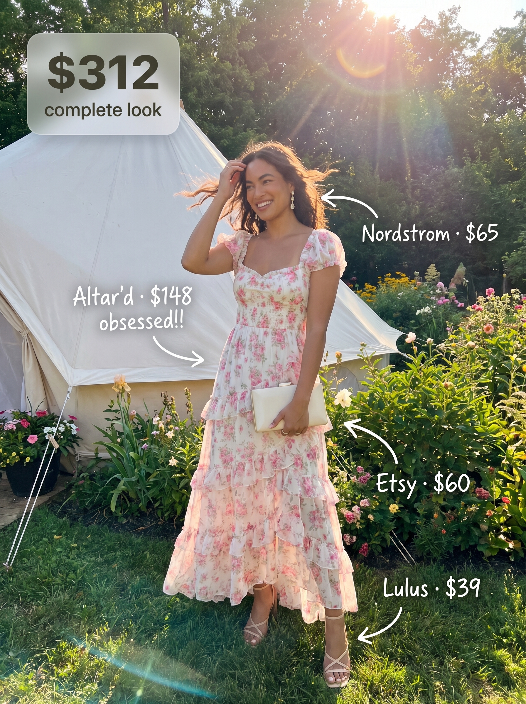 Elegant cool summer outfit featuring a pink floral print chiffon maxi dress with a V-neck, nude strappy sandals, and a gold embellished clutch for a garden party.