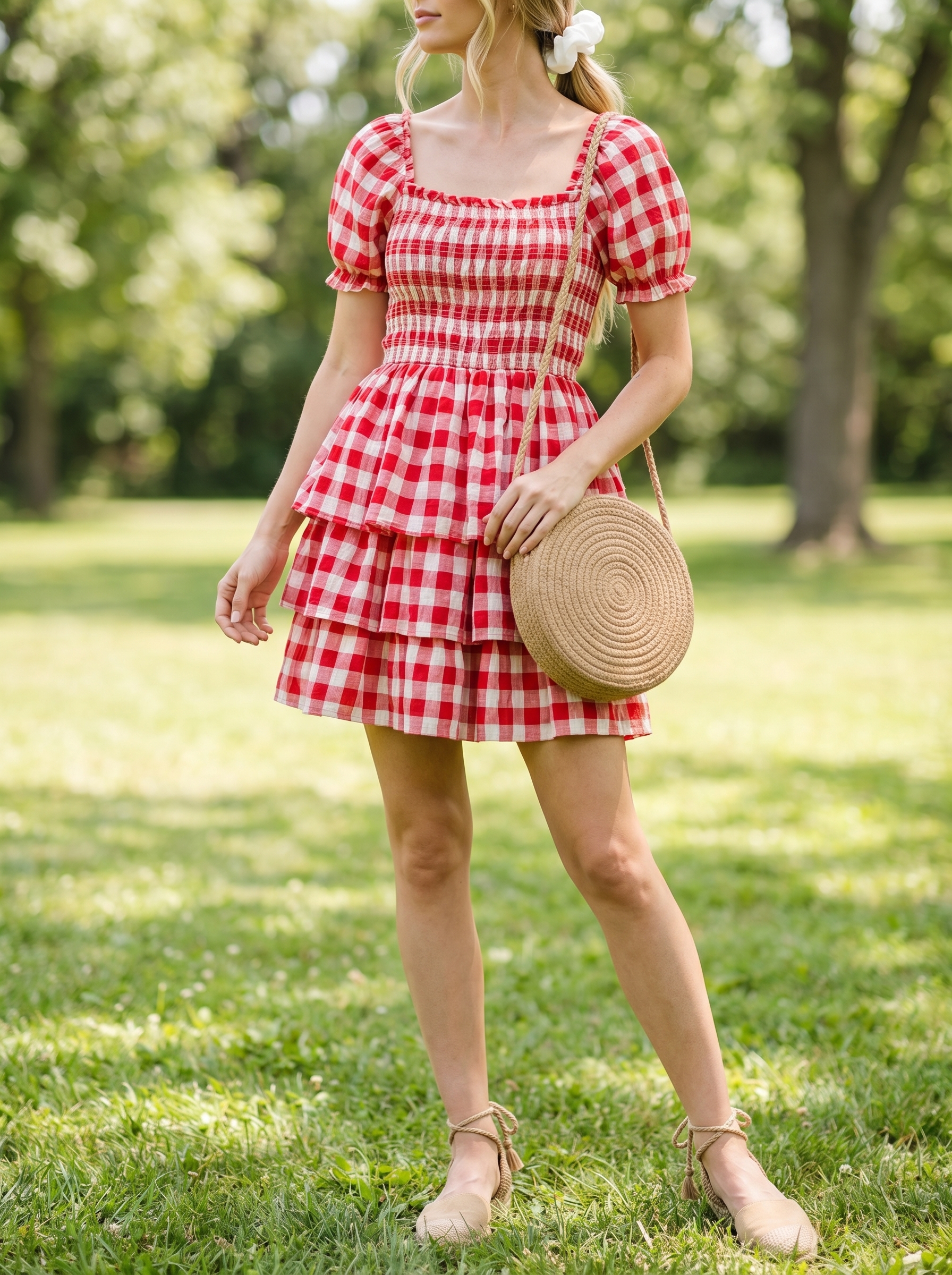 Sweet cool summer outfit featuring a red gingham mini dress with puff sleeves, natural espadrille sandals, and a straw crossbody bag, perfect for a picnic.