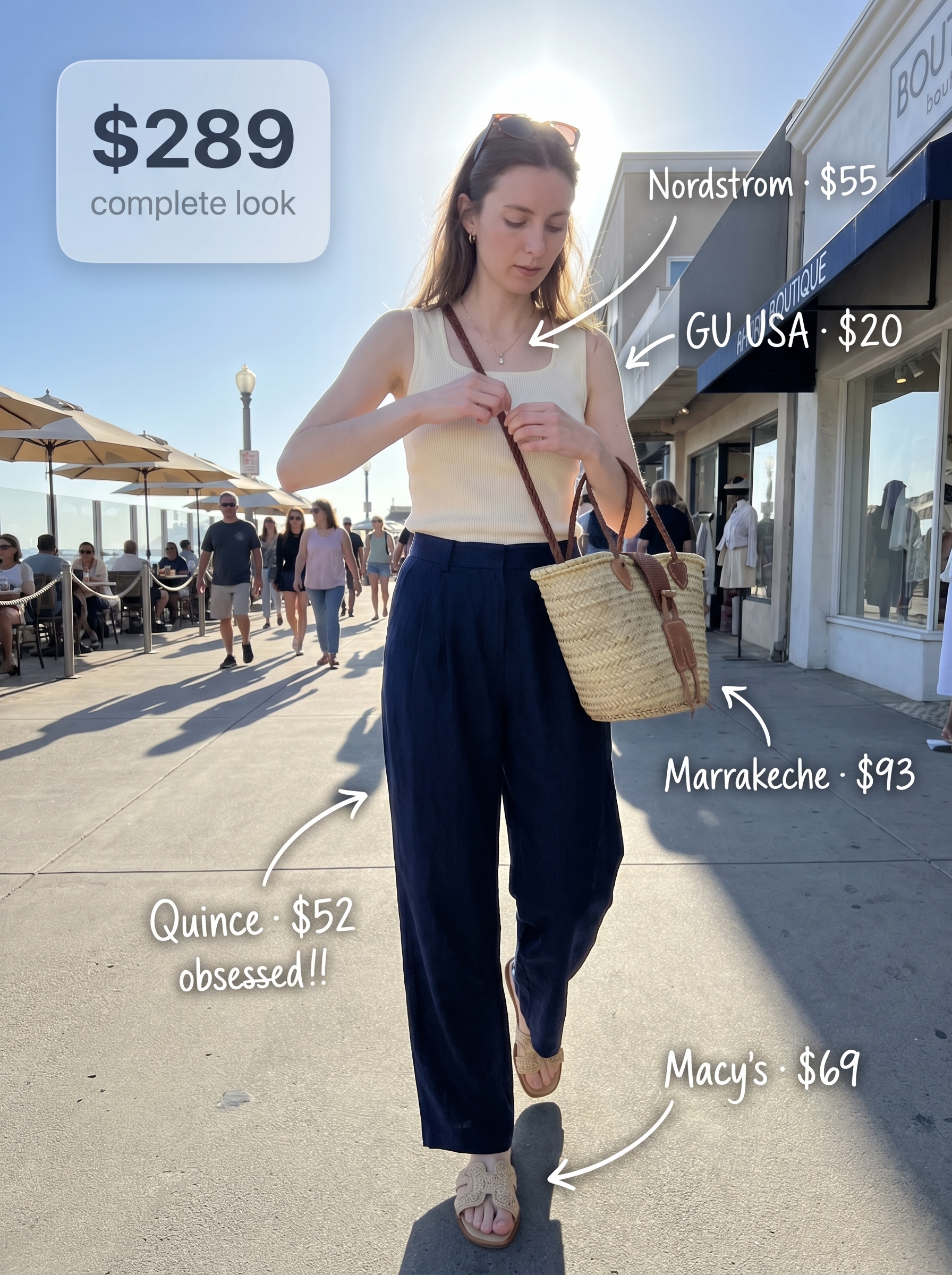 Sophisticated cool summer outfit with high-waisted navy linen wide-leg pants, a cream knit top, and flat leather slide sandals for resort wear or brunch.