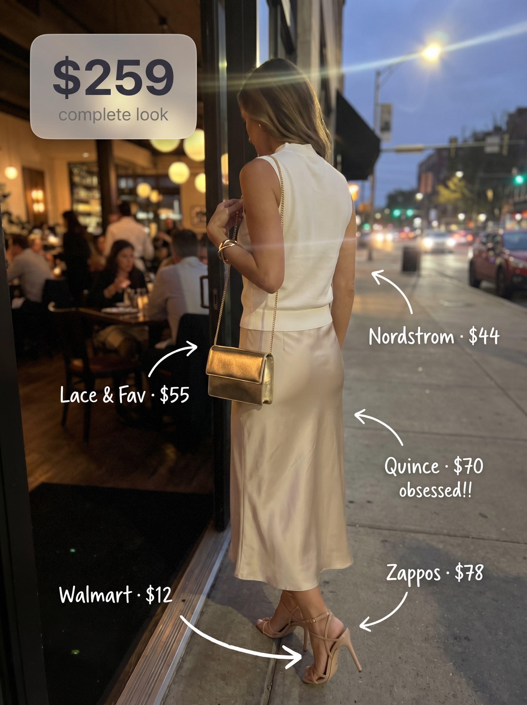 Elegant cool summer outfits 2026 for a dinner party, featuring a champagne gold silk midi skirt, ivory mock neck shell top, nude strappy heels, and a metallic mini shoulder bag.