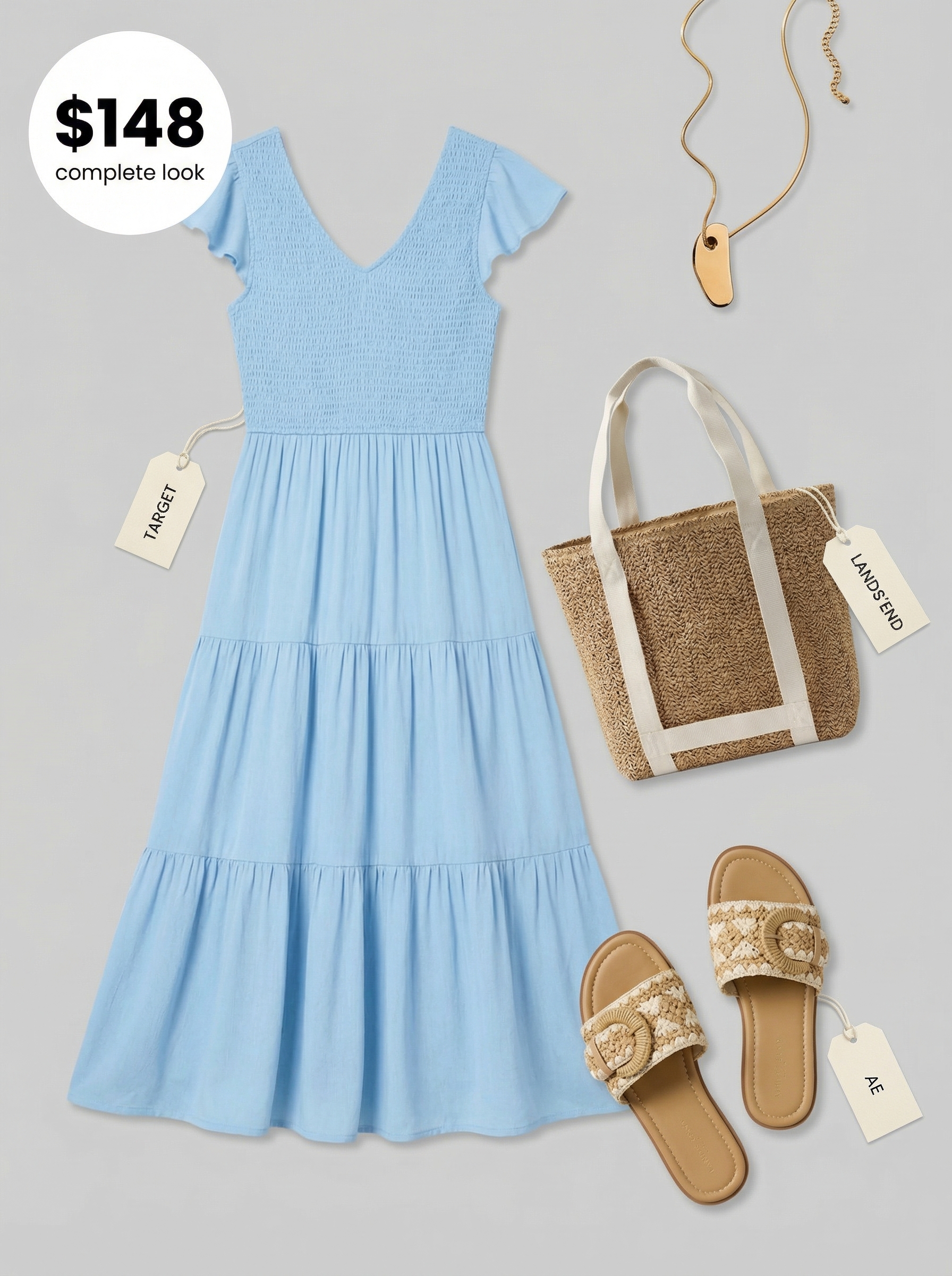 Coastal Charm: Cute Comfy Summer Dress 2024 An airy sky blue tiered midi dress paired with tan woven slide sandals and a straw tote bag, forming a cute comfy outfit for summer.