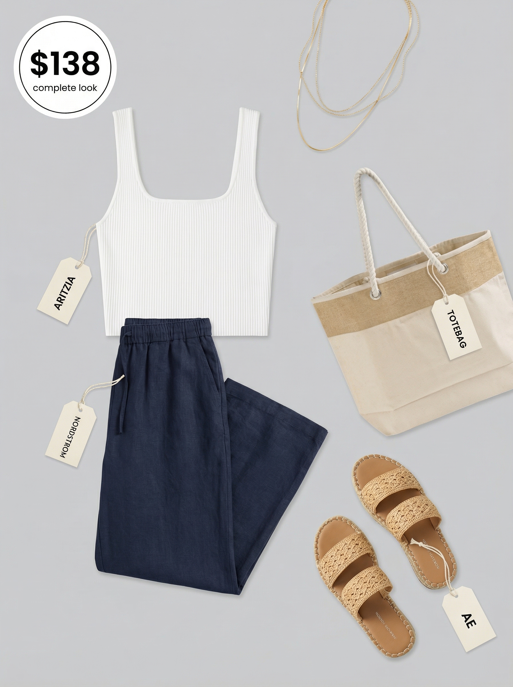 Coastal Cool: Cute Comfy Summer Pants Outfit 2024 Navy wide-leg linen pants, a white ribbed crop tank, woven slide sandals, and a canvas tote form a chic, cute comfy outfit for summer.