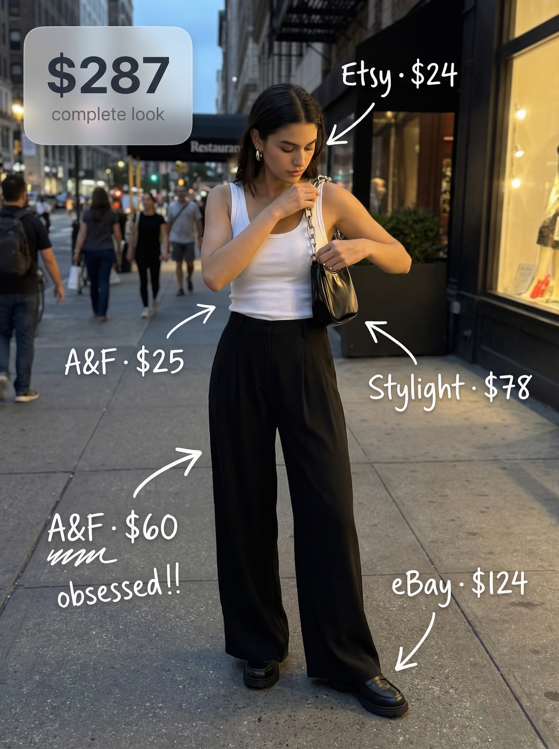 Cool Girl Contrast: Cute Comfy Summer Night Outfit 2024 Black wide-leg trousers, a white crop top, black loafers, and a mini shoulder bag create an edgy, cute comfy outfit for summer evenings.