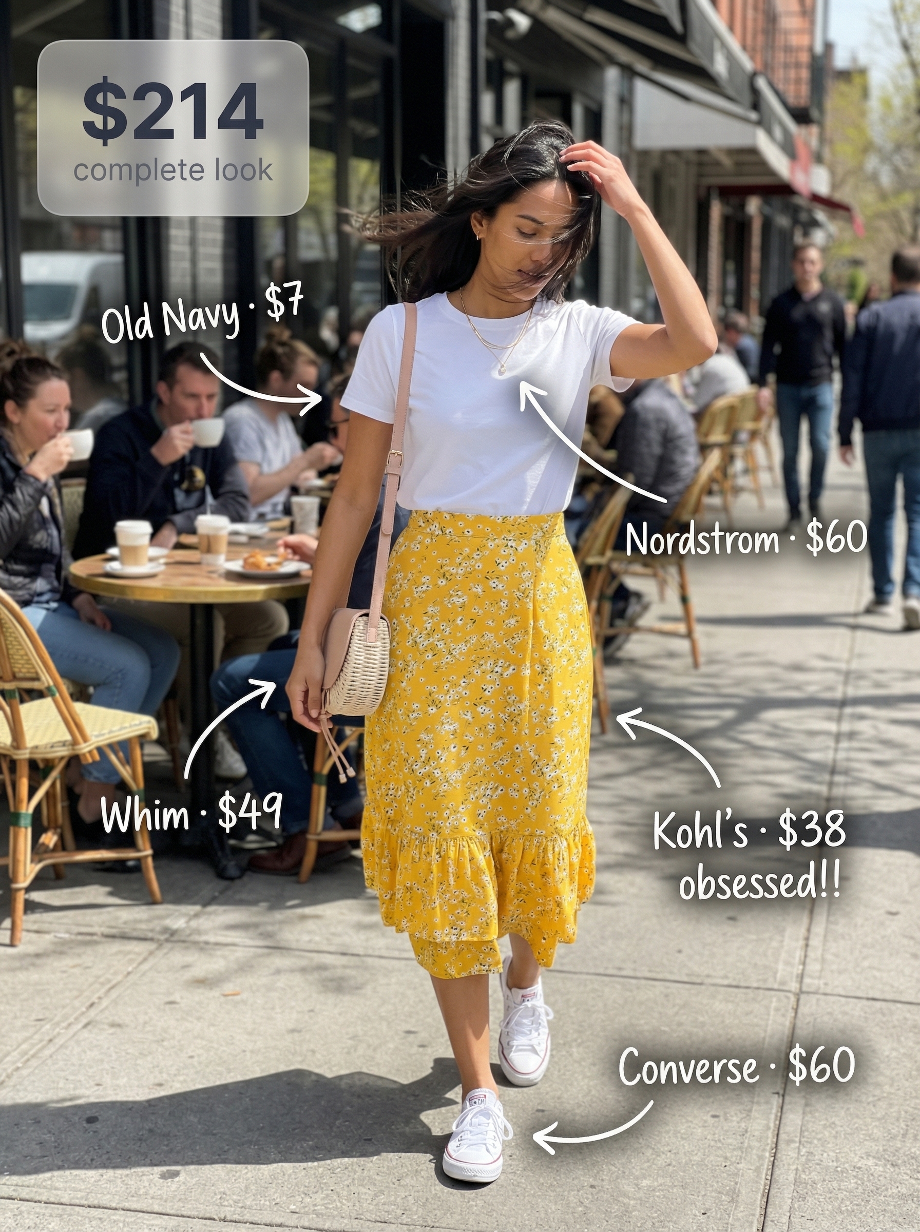 Sunshine Brunch: Cute Comfy Midi Skirt Outfit 2024 A cheerful and feminine cute comfy summer outfit featuring a sunny yellow floral print midi skirt with a crisp white t-shirt. White canvas sneakers, a natural straw crossbody bag, and delicate gold necklaces complete this relaxed look, perfect for brunch or a garden party.