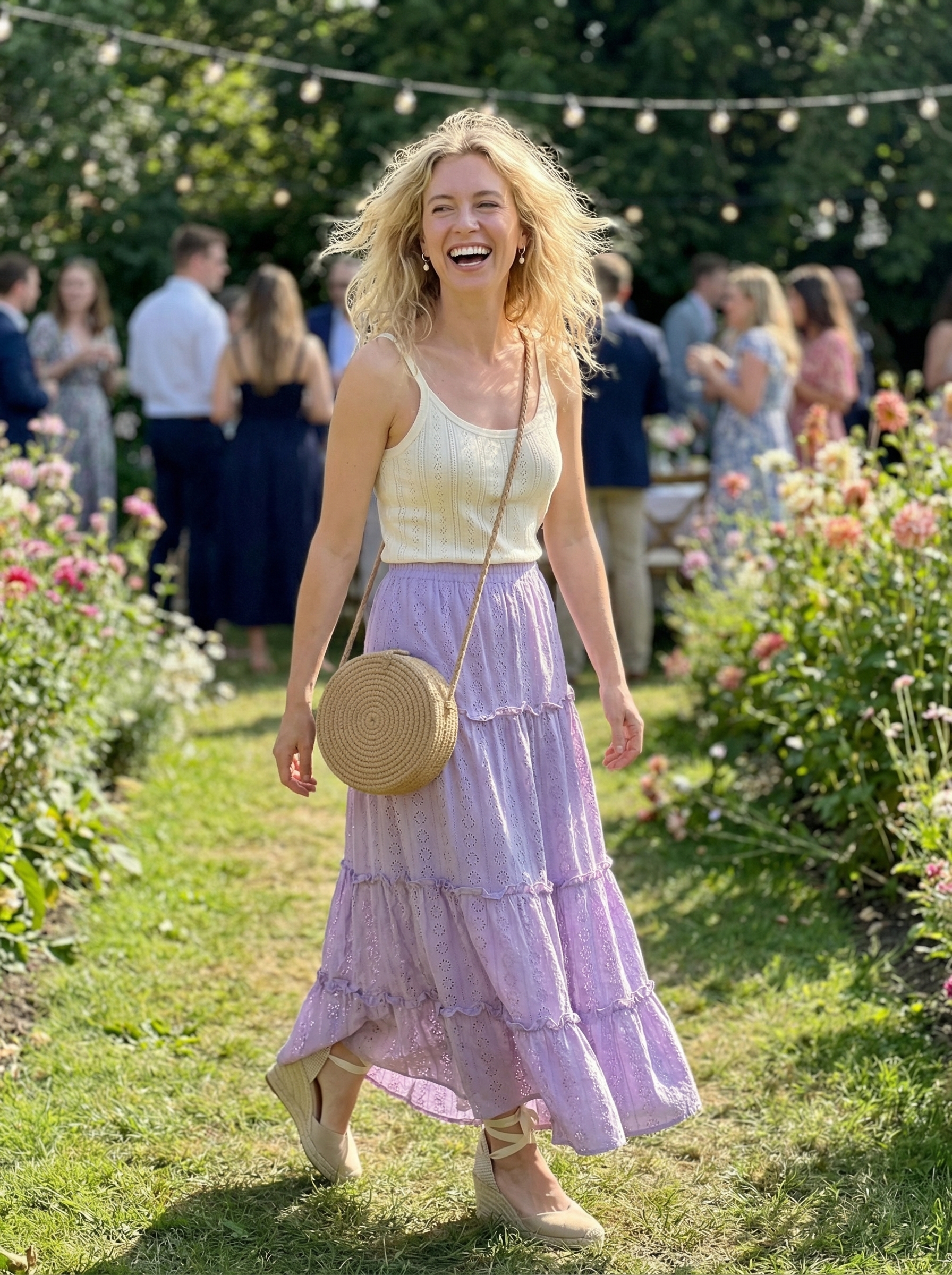 Cute Comfy Garden Party Outfit Ideas 2024 A beautiful lavender tiered maxi skirt, cream camisole, espadrille wedges, and straw bag create a cute comfy outfit for summer garden parties.