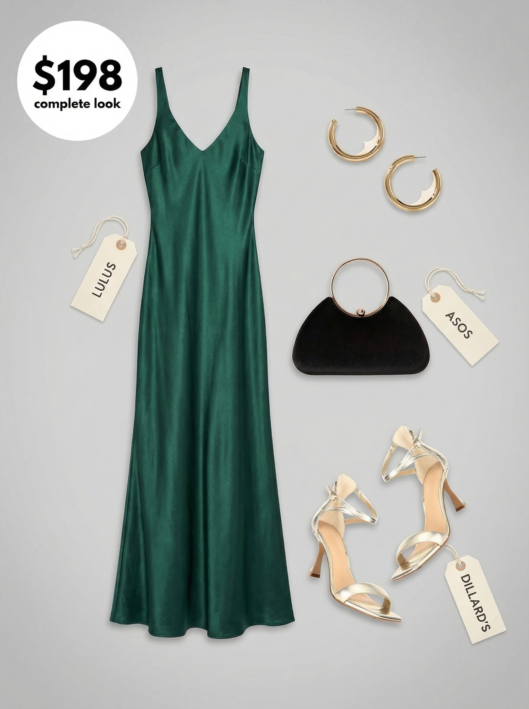 Golden Hour Glam: Cute Comfy Summer Dress 2024 An emerald green flowy maxi dress, gold strappy sandals, black embellished clutch, and statement gold hoops create a cute comfy outfit for summer evenings.