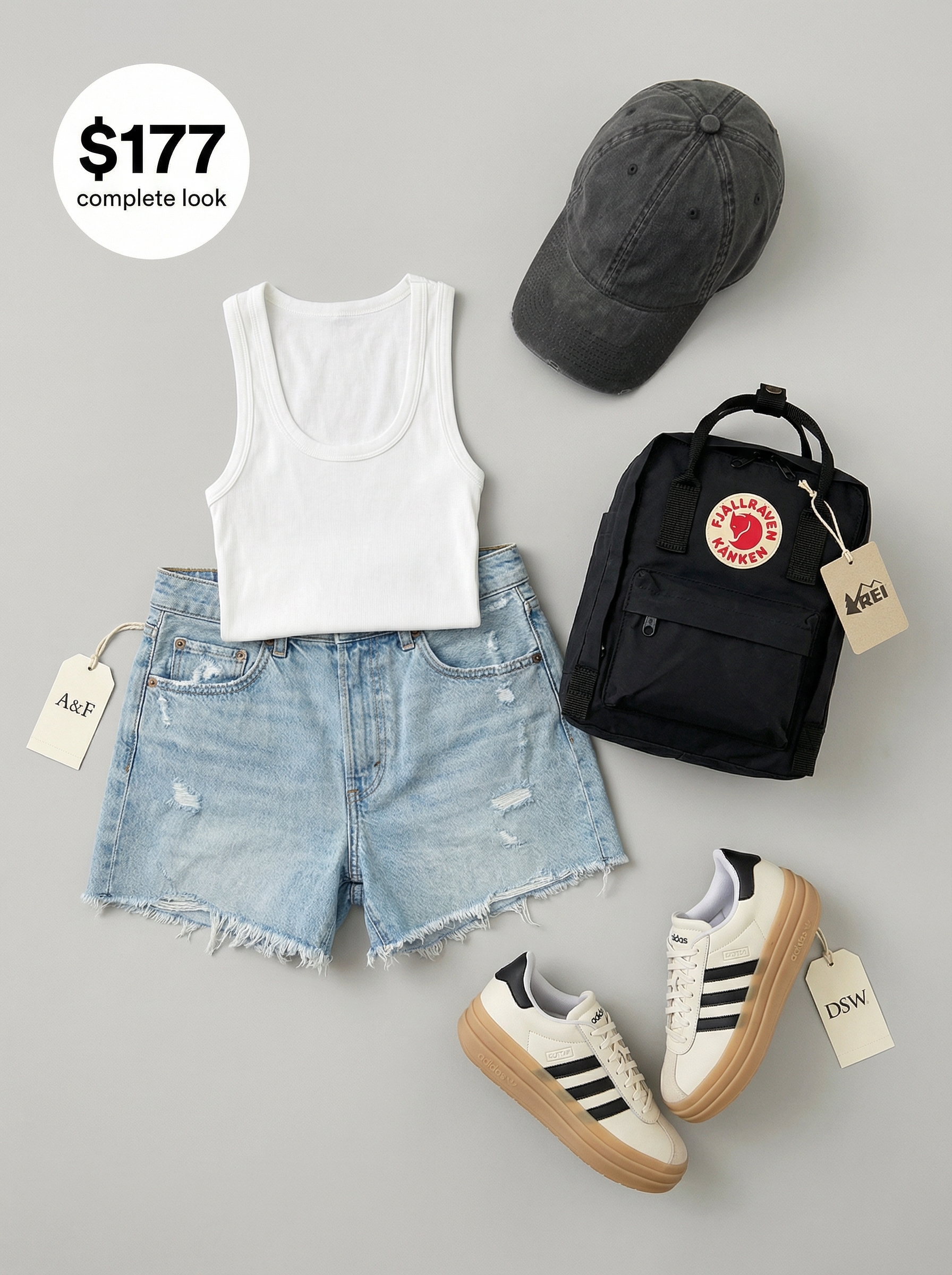 Playful Park Day: Cute Comfy Summer Outfit 2024 A youthful look featuring an oversized off-white graphic t-shirt and light blue raw-hem denim shorts, making a cute comfy summer outfit. Chunky platform sneakers, a black mini backpack, and a black baseball cap complete this playful park day ensemble.