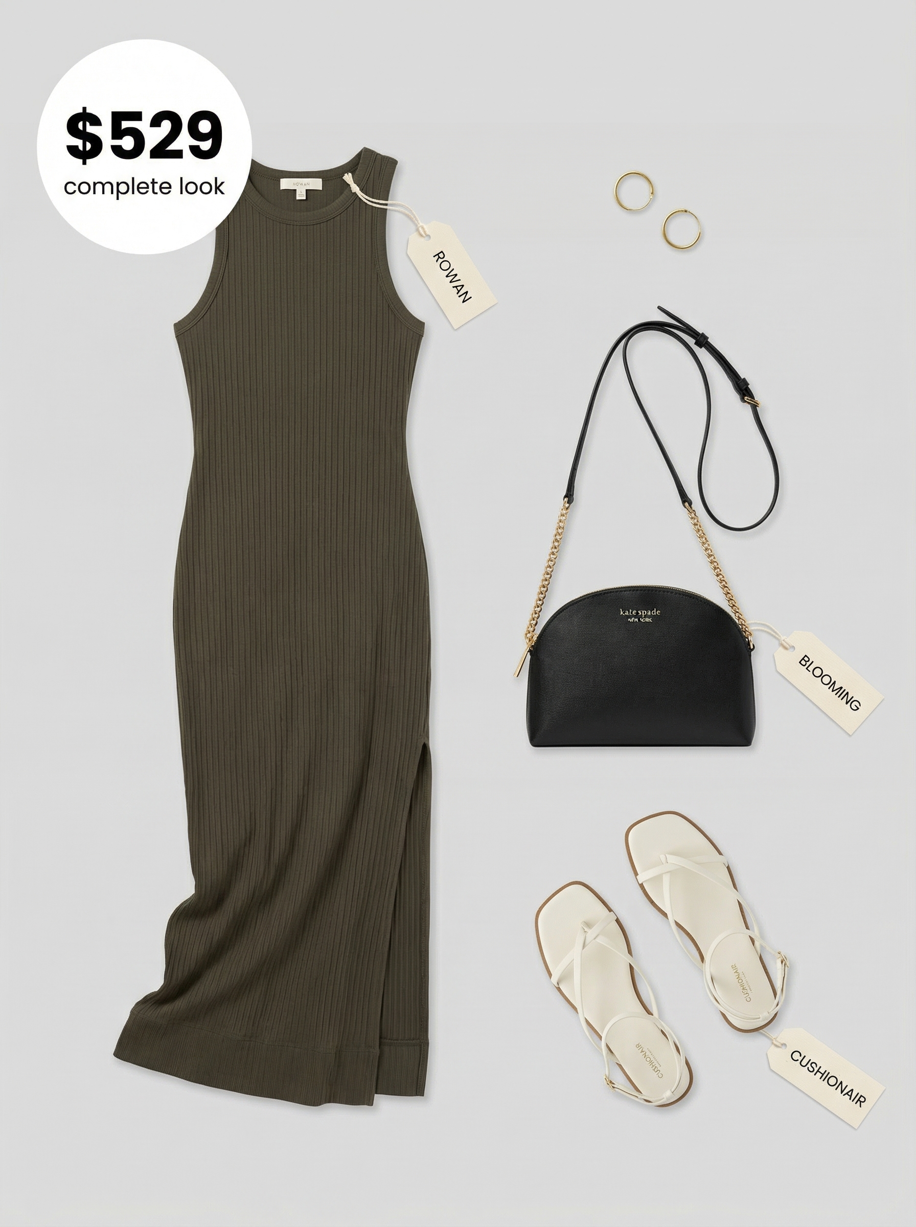 Cool & Composed Summer Outfit 2024 A woman wears a relaxed olive green modal jersey maxi dress with black flat sandals and a structured black crossbody bag, showcasing cute comfy outfits for summer ideal for casual errands for a polished look.
