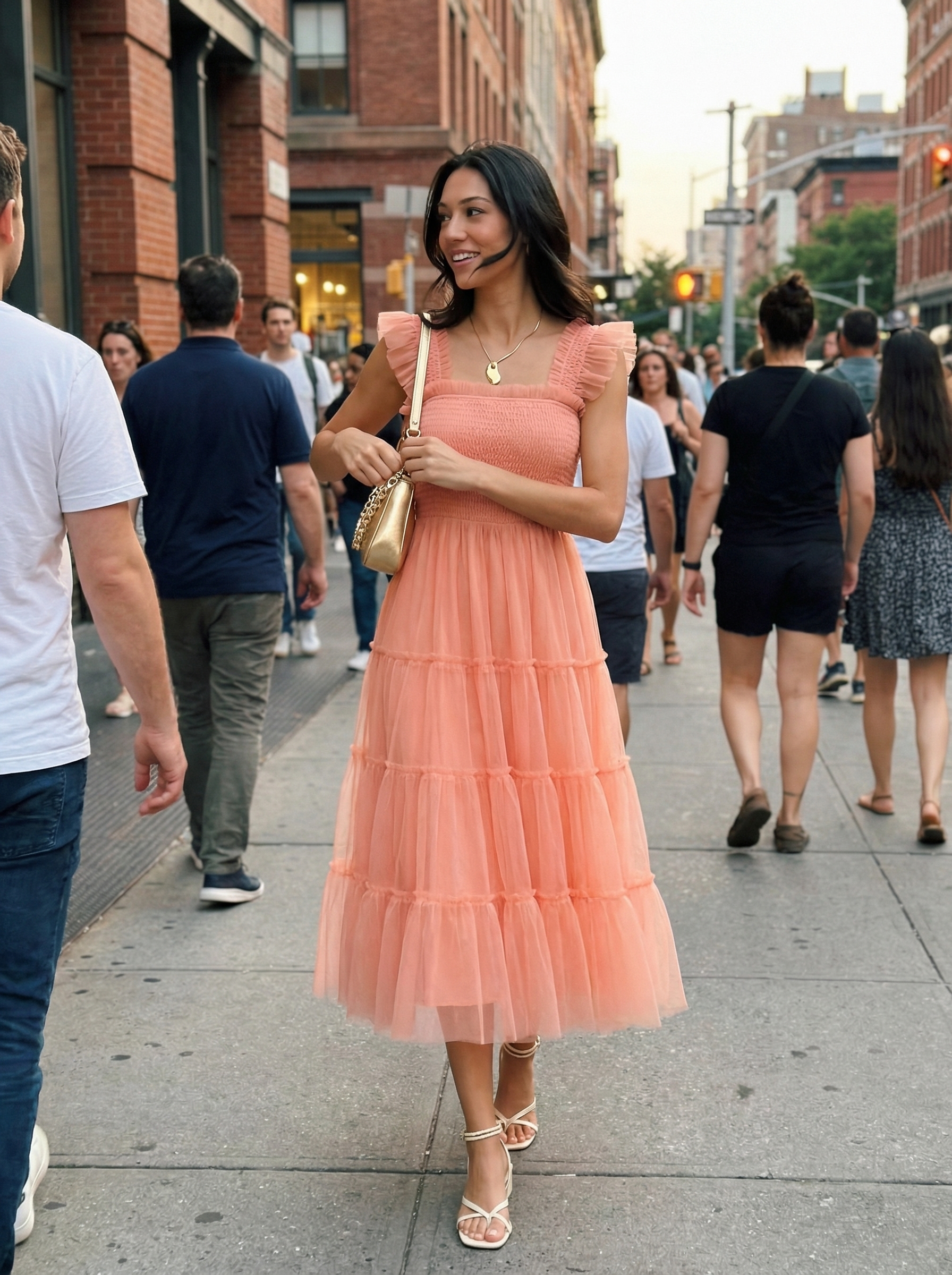 Sweet Summer Evening Dress 2024 A sweet peach smocked midi dress is paired with cream low block heel sandals, a gold chain strap bag, and a delicate gold pendant necklace, presenting a cute comfy outfit for summer evenings.