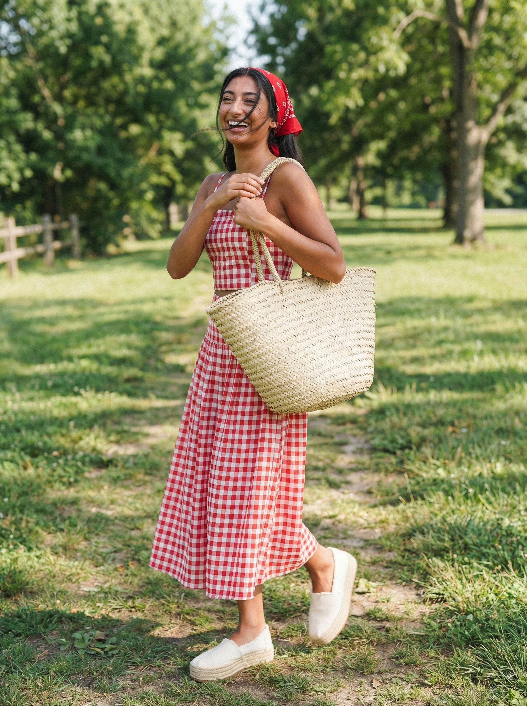 Retro Picnic Perfect: Cute Comfy Summer Set 2024 A red and white gingham crop top and midi skirt set paired with white espadrille sneakers and a straw basket bag creates a cute comfy outfit for summer picnics.