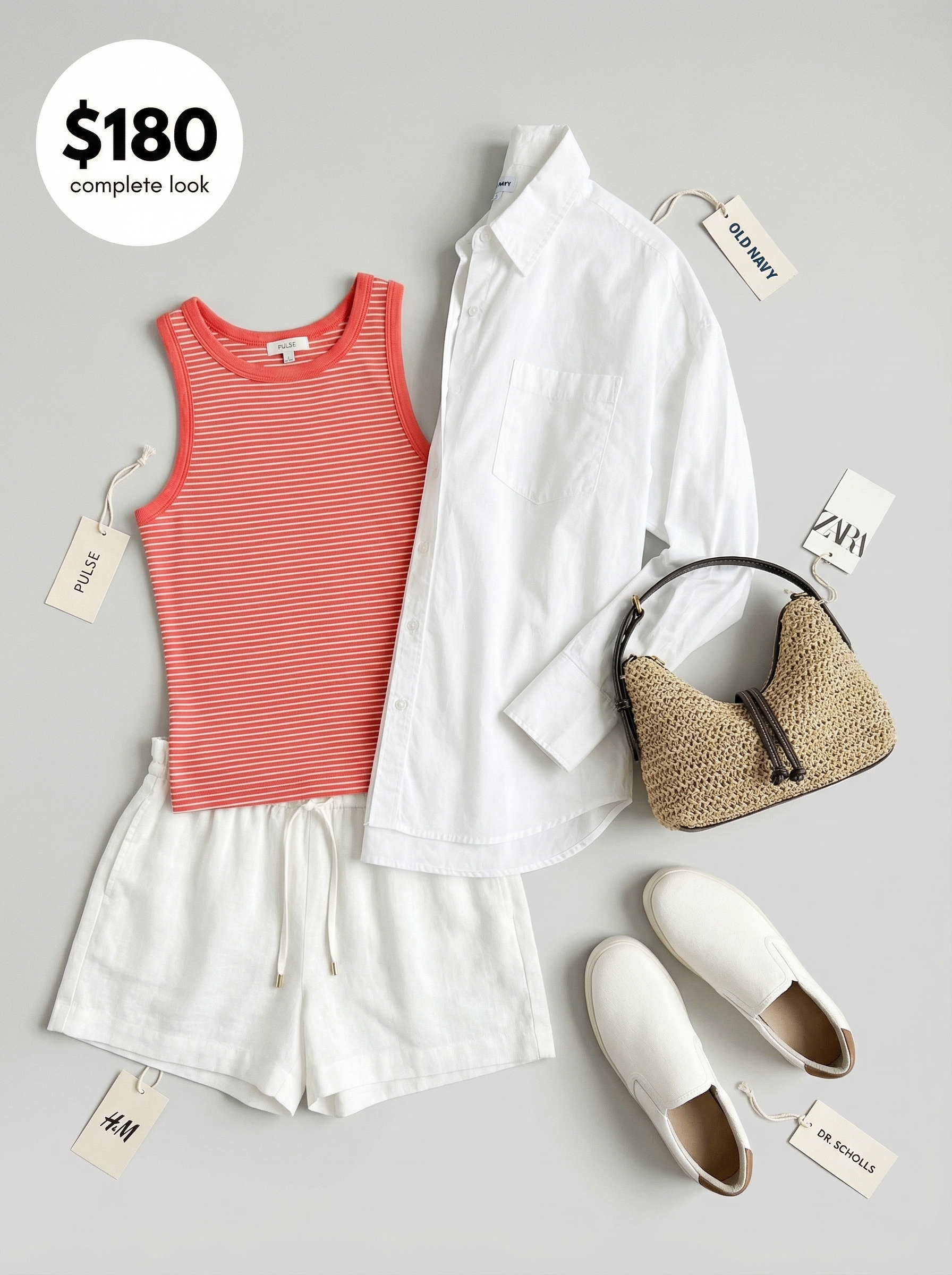 Sunshine Serenity: Cute Comfy Summer Outfit 2024 White linen drawstring shorts, a coral striped tank, oversized white button-down, and white sneakers create a cute comfy outfit for summer.