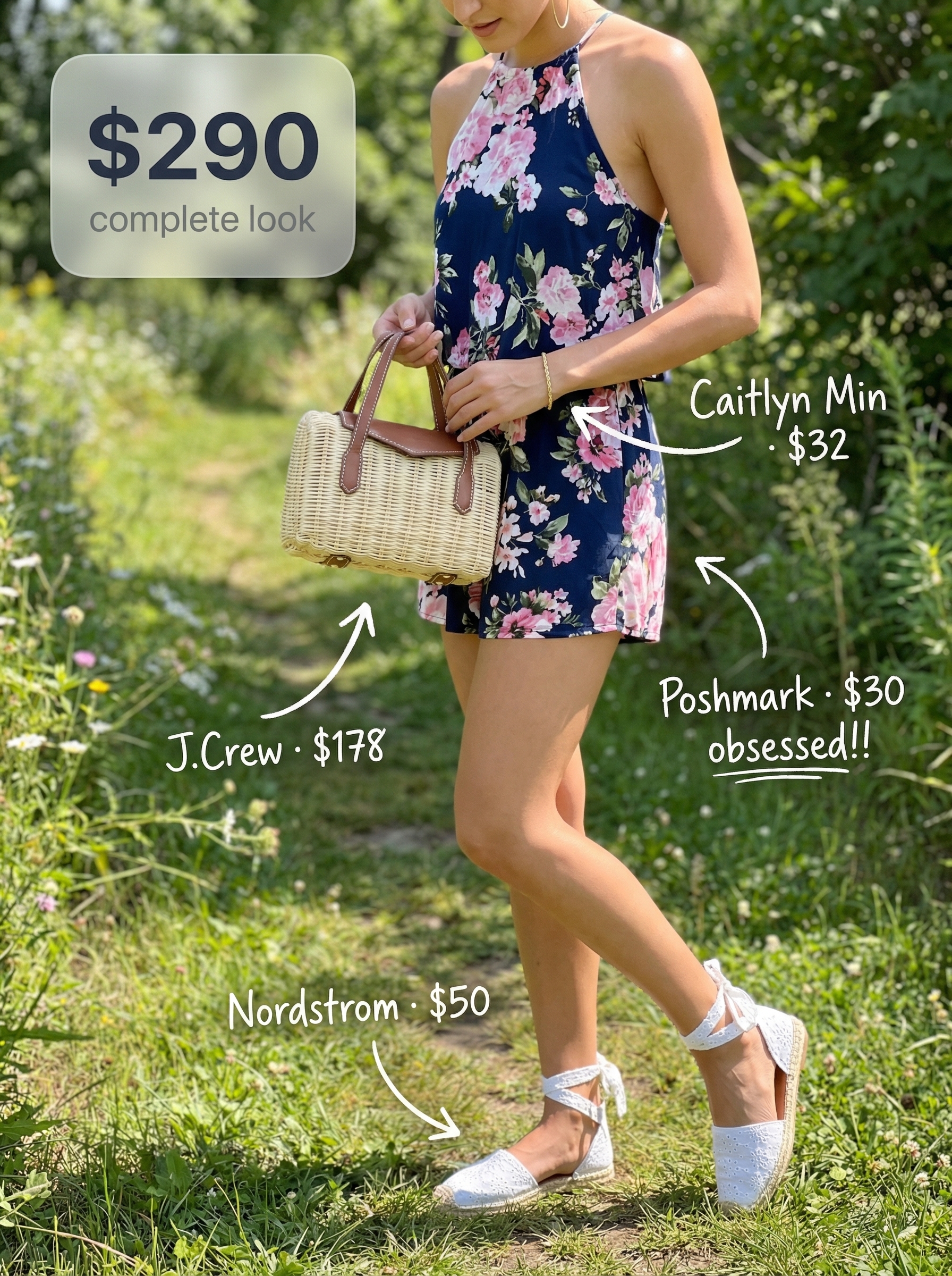 Sweet Escape: Cute Comfy Summer Romper 2024 A floral print romper in navy with pink and white flowers, paired with white espadrille sandals and a wicker bag, is a cute comfy outfit for summer.