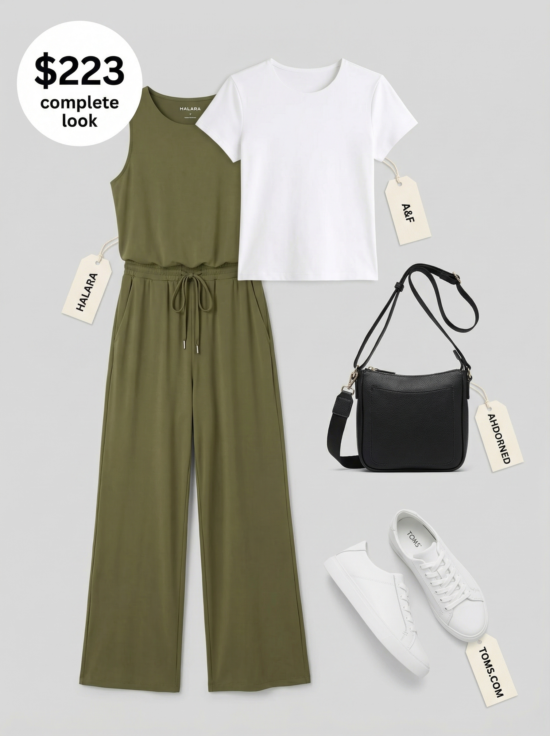 Urban Explorer: Cute Comfy Summer Jumpsuit 2024 An olive green utility jumpsuit layered over a white t-shirt, with white sneakers and a black crossbody bag, is a cute comfy outfit for summer.