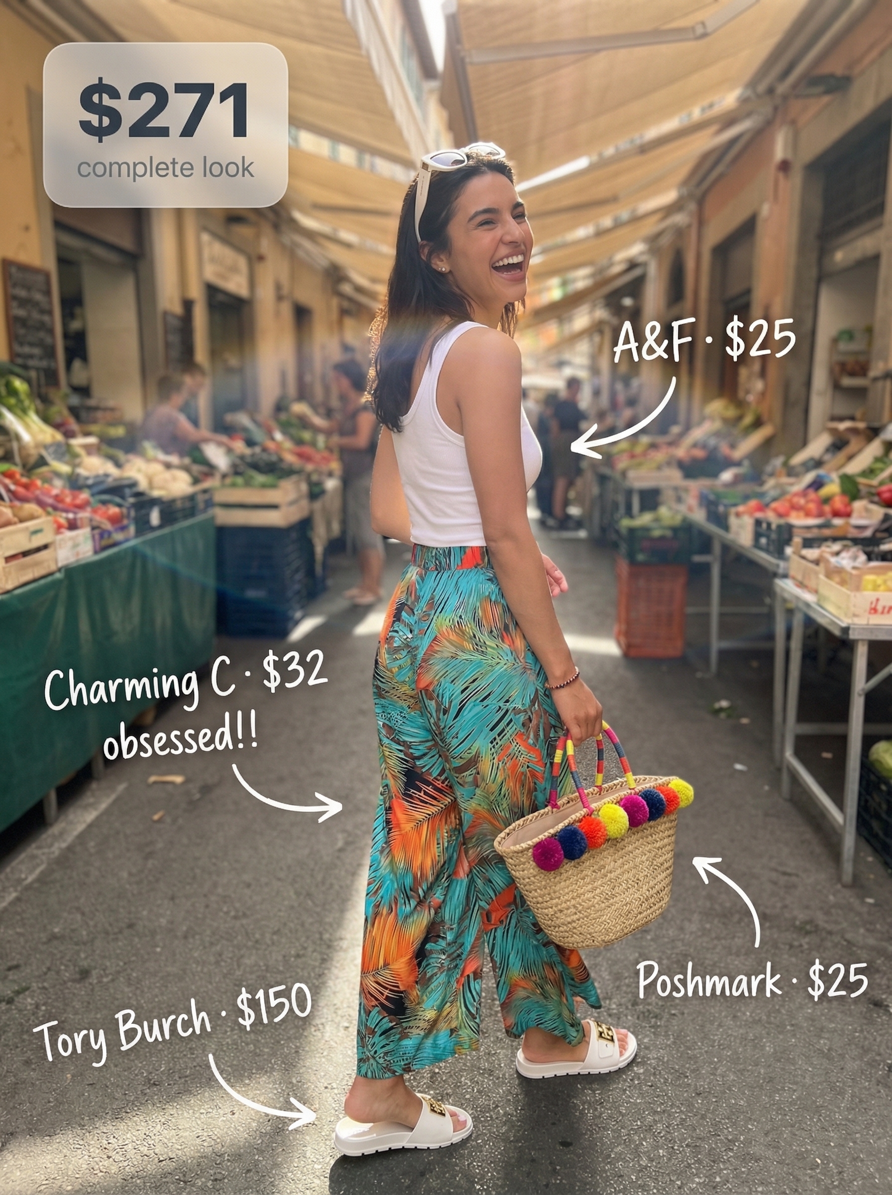 Vibrant Vacation: Cute Comfy Summer Outfit 2024 A woman models vibrant turquoise wide-leg tropical floral print pants with a white ribbed tank top, showcasing a cute comfy summer outfit ideal for vacation. White slide sandals, oversized white sunglasses, and a straw tote with pom-poms add bold, carefree vibes.