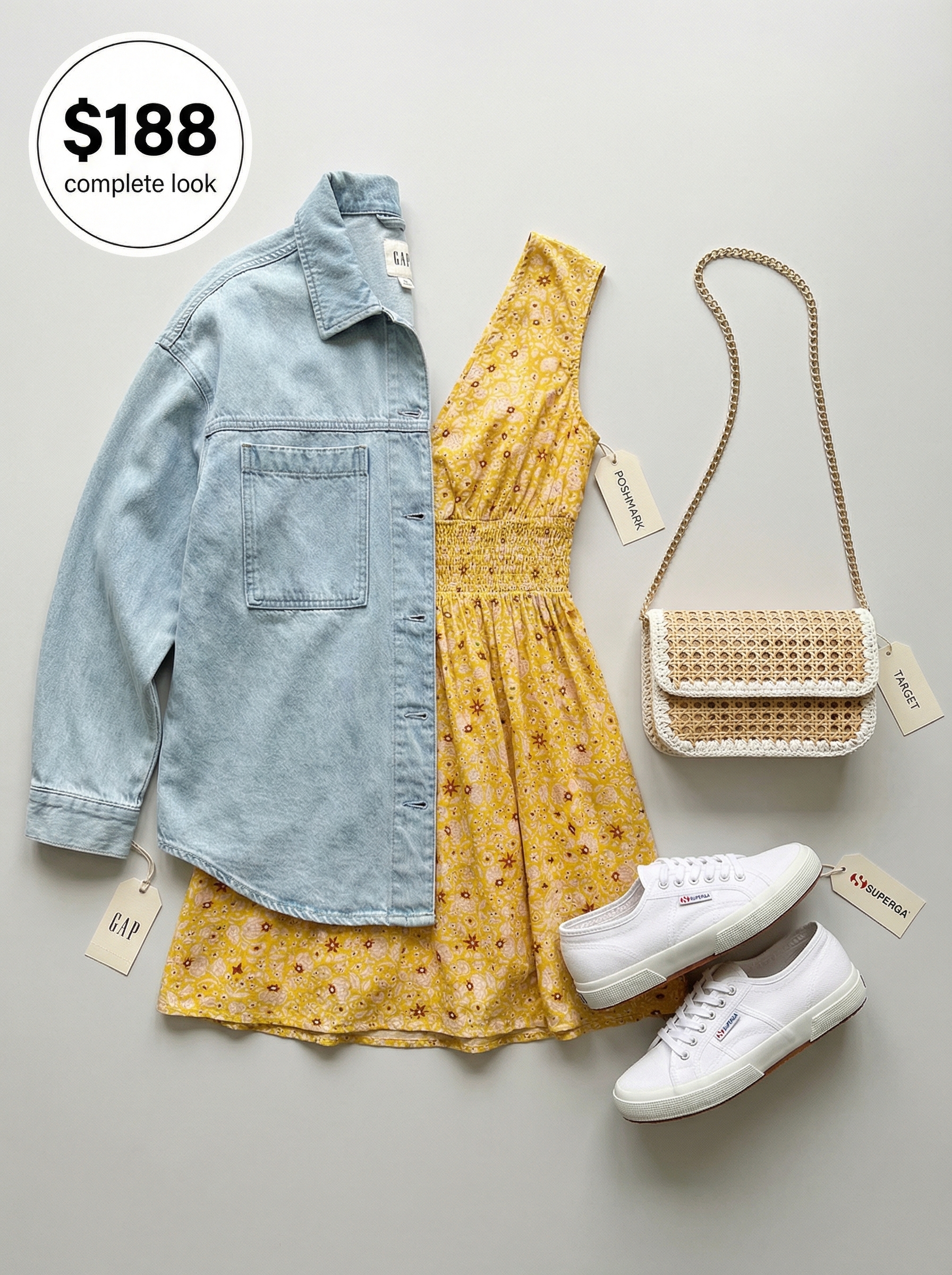 Sunshine Brunch: Cute Comfy Summer Dress 2024 A vibrant yellow floral smocked mini dress worn with an oversized denim jacket, making a cute comfy summer outfit for brunch. White canvas sneakers and a woven straw crossbody bag add fresh, effortless appeal for a sunshine-filled day out.