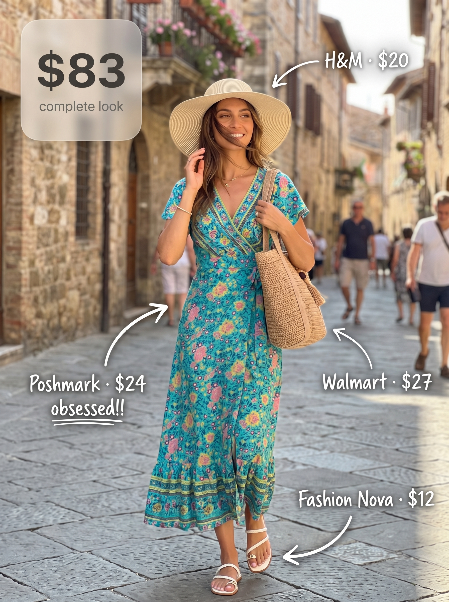Relaxed bohemian beach day outfit featuring a turquoise tropical floral print maxi dress, white flat sandals, a large straw tote, and a wide-brim hat. Great for cute outfits for summer 2026.