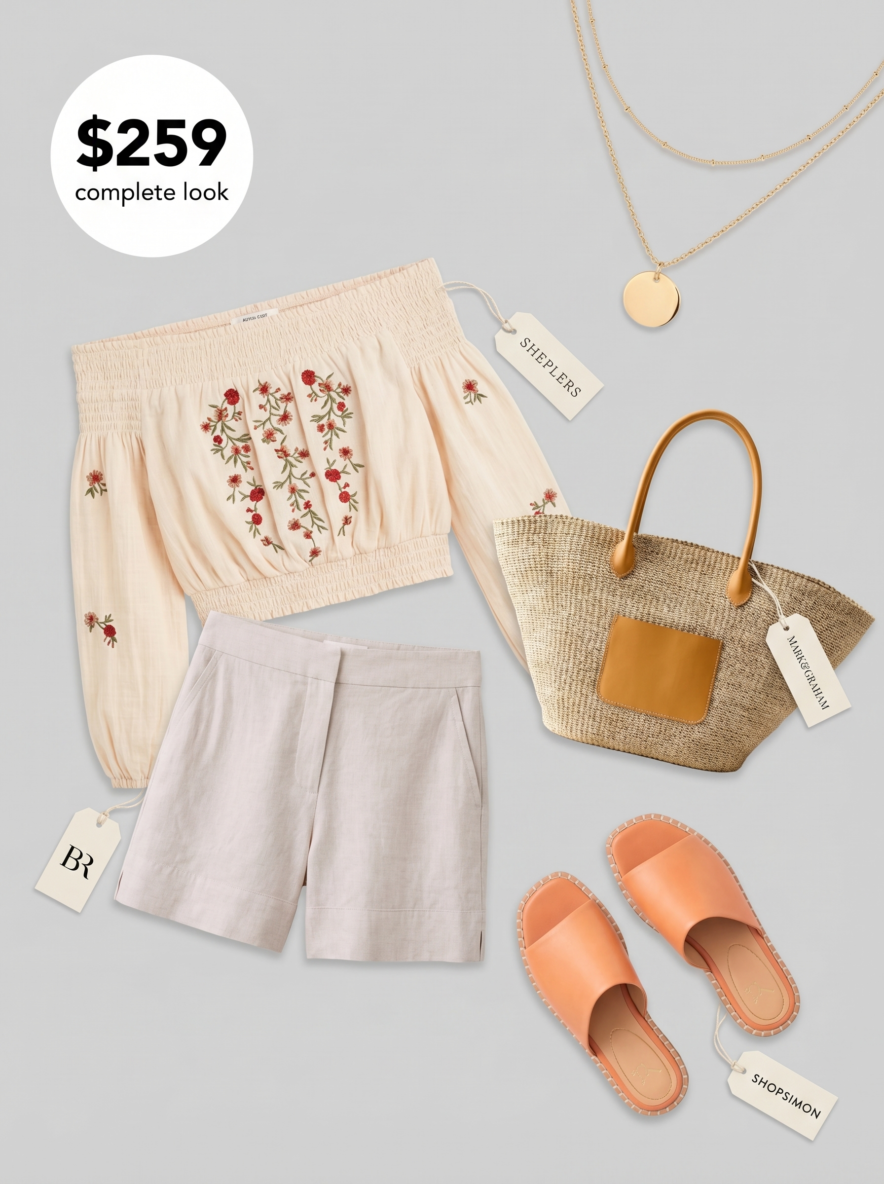 Relaxed bohemian look with a cream embroidered off-the-shoulder peasant blouse, linen shorts, terracotta slide sandals, layered gold necklaces, and a straw tote for cute outfits for summer 2026.