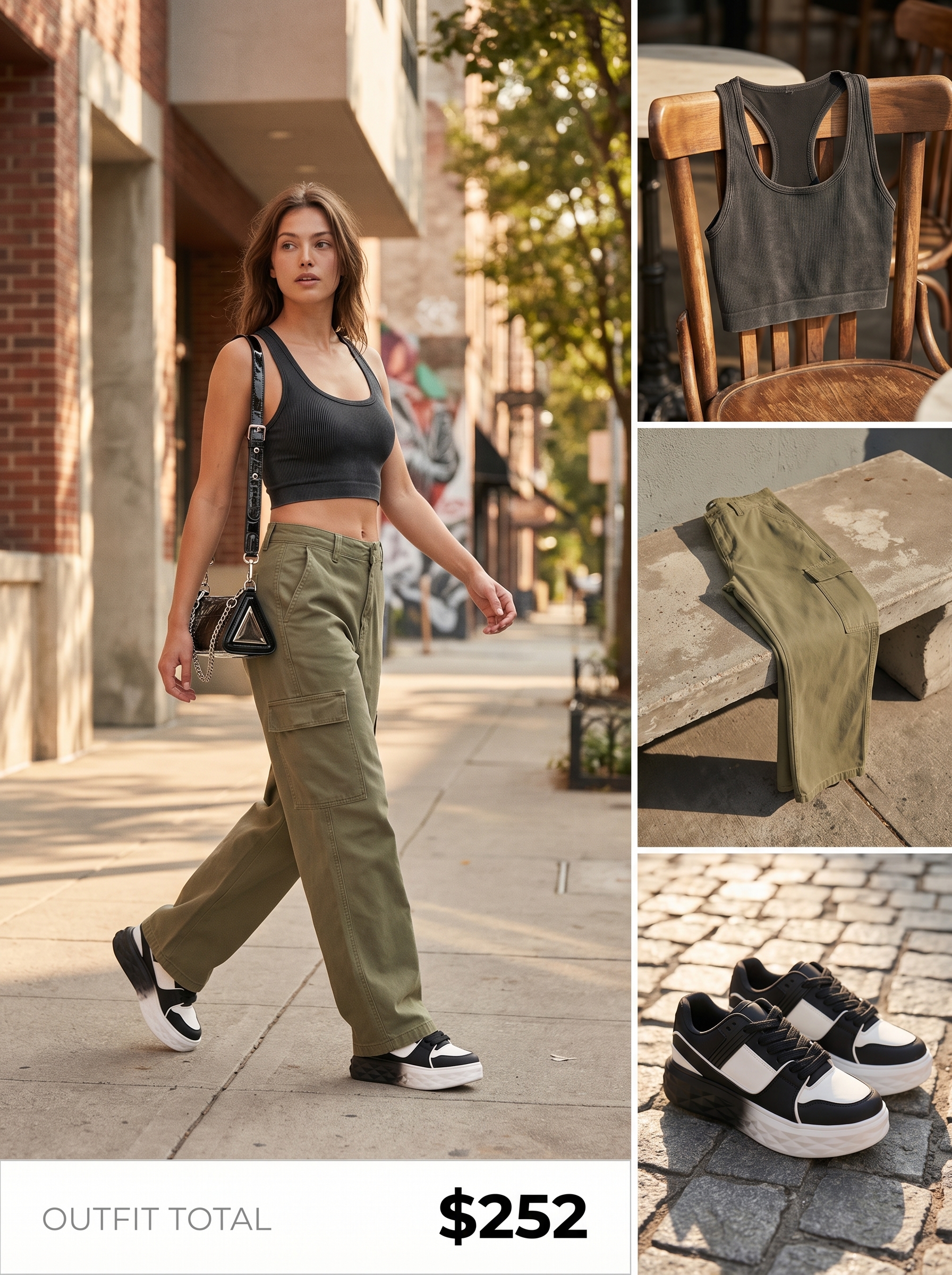 Khaki green wide-leg cargo pants, black ribbed crop top, and chunky platform sneakers create an edgy look for cute outfits for summer 2026, perfect for a concert.