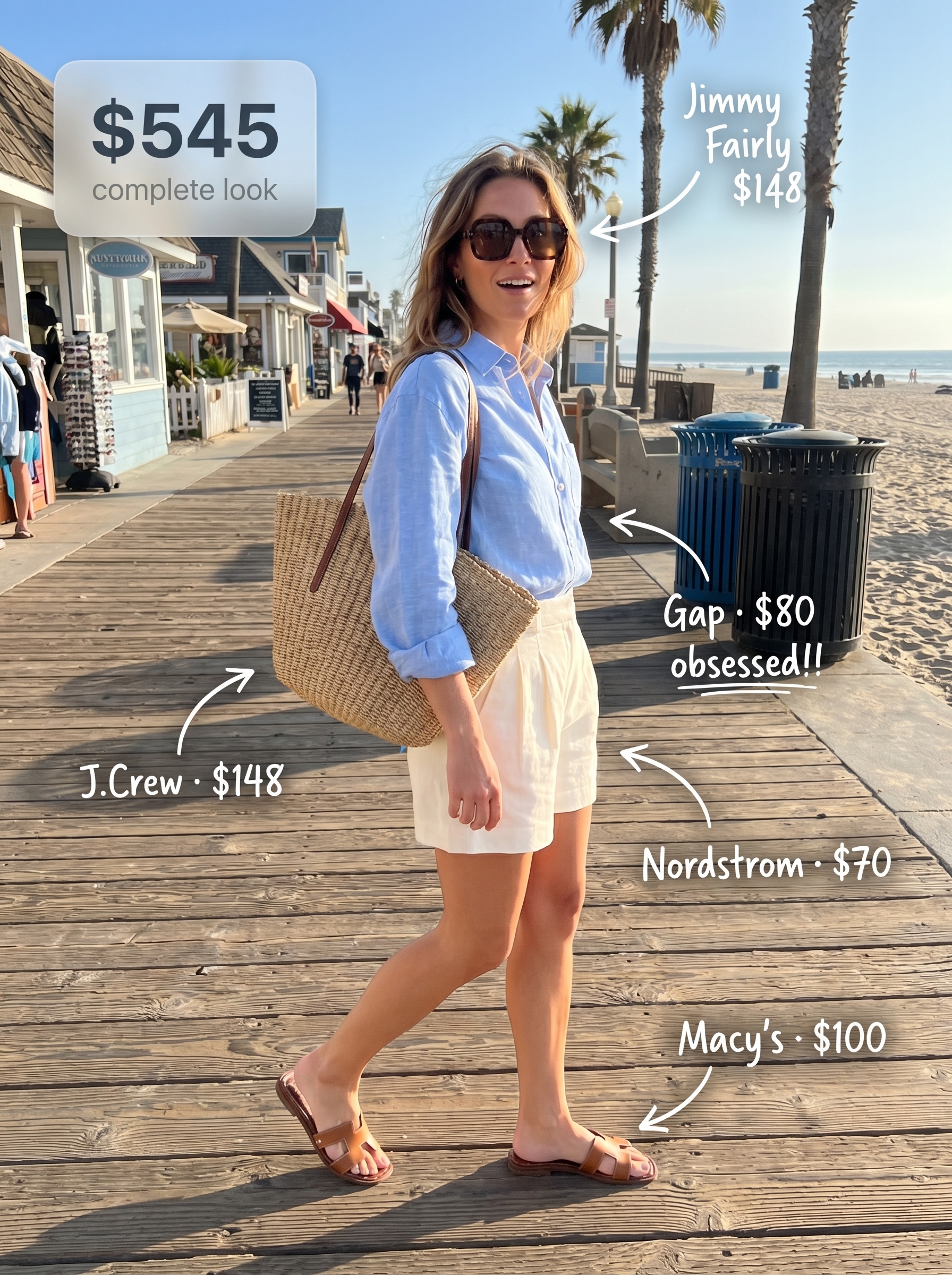 Relaxed coastal outfit featuring a sky blue oversized linen button-down, white linen shorts, tan slide sandals, a straw tote, and tortoiseshell sunglasses for cute outfits for summer 2026.