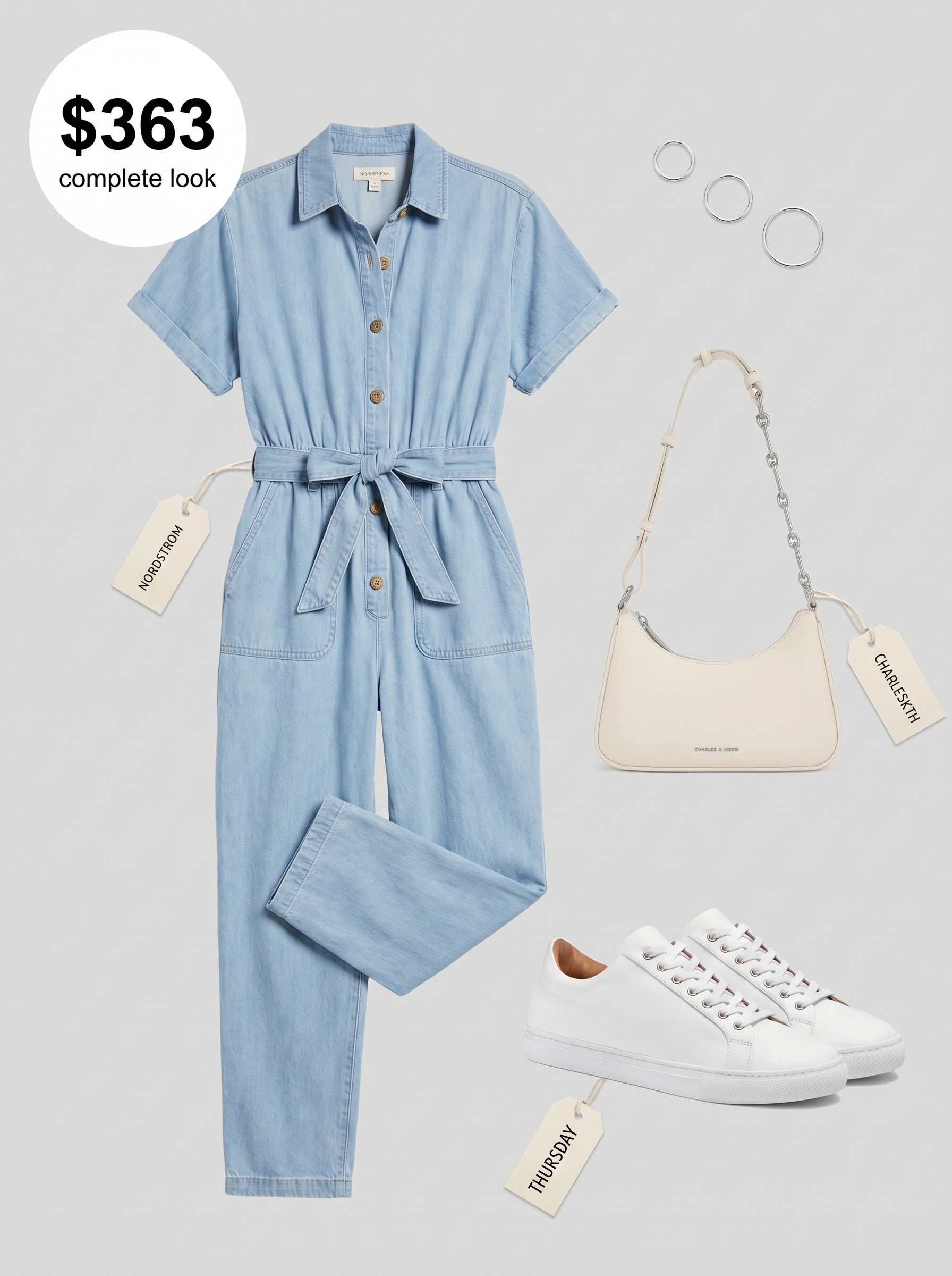 Light wash denim utility jumpsuit with white sneakers and a mini crossbody bag forms a modern look for cute outfits for summer 2026, ideal for city sightseeing.