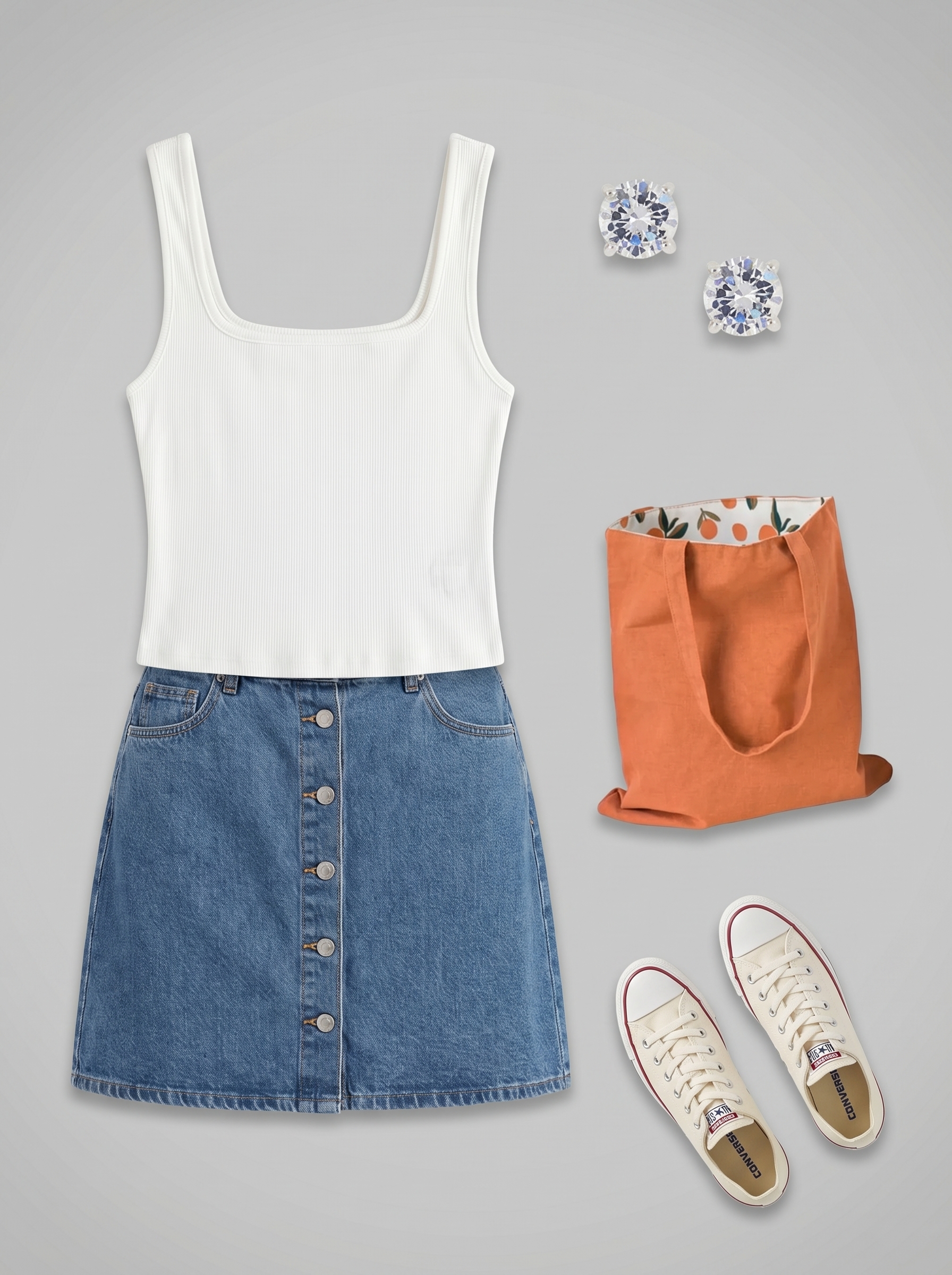 Medium wash denim mini skirt, white ribbed tank top, and canvas sneakers define casual cute outfits for summer 2026. Accessorized with a rust orange graphic tote for a pop of color.