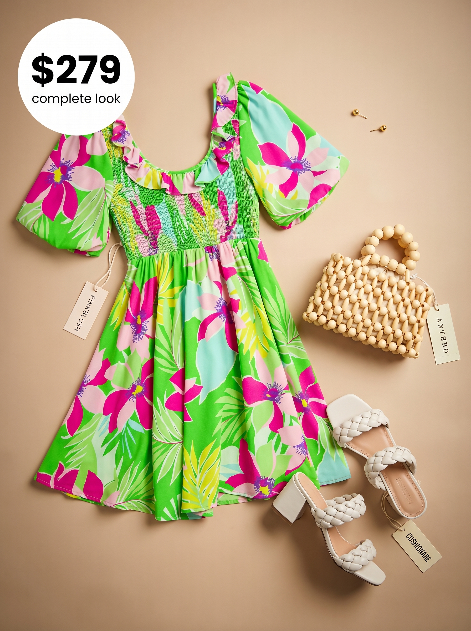 Joyful pink and green floral smocked mini dress with puff sleeves, white braided block heels, and a woven wooden bag for an outdoor summer party. A perfect choice for cute outfits for summer 2026.