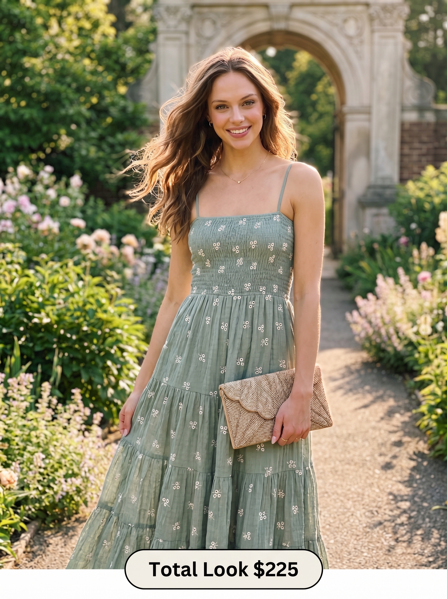Whimsical sage green tiered maxi dress with puff sleeves, cream embellished flat sandals, gold pendant, and beaded clutch; great for cute outfits for summer 2026 garden parties.