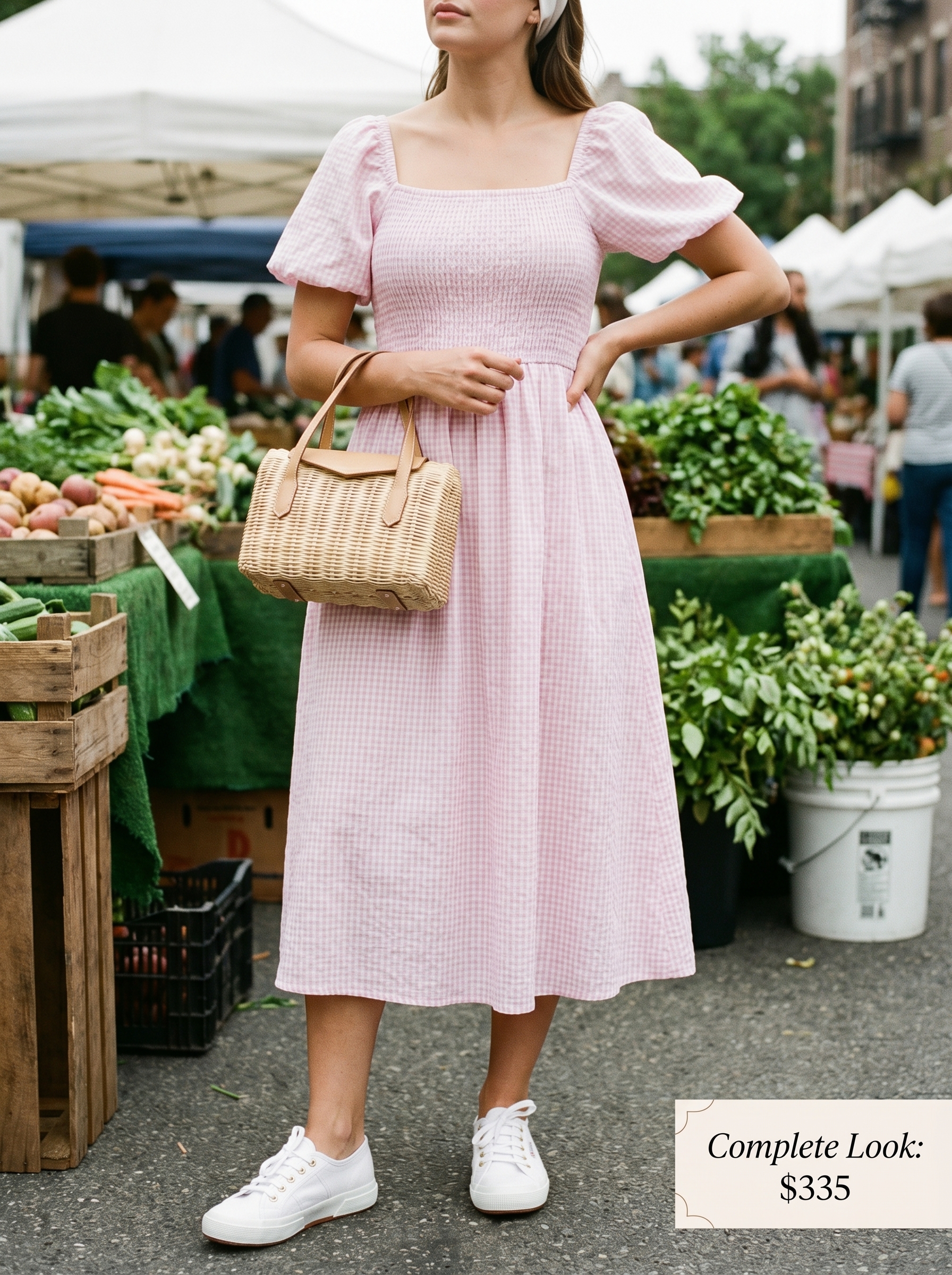 Pink gingham midi A-line dress, white canvas sneakers, and a wicker basket bag create charming cute outfits for summer 2026 with a retro feel, perfect for a day date.
