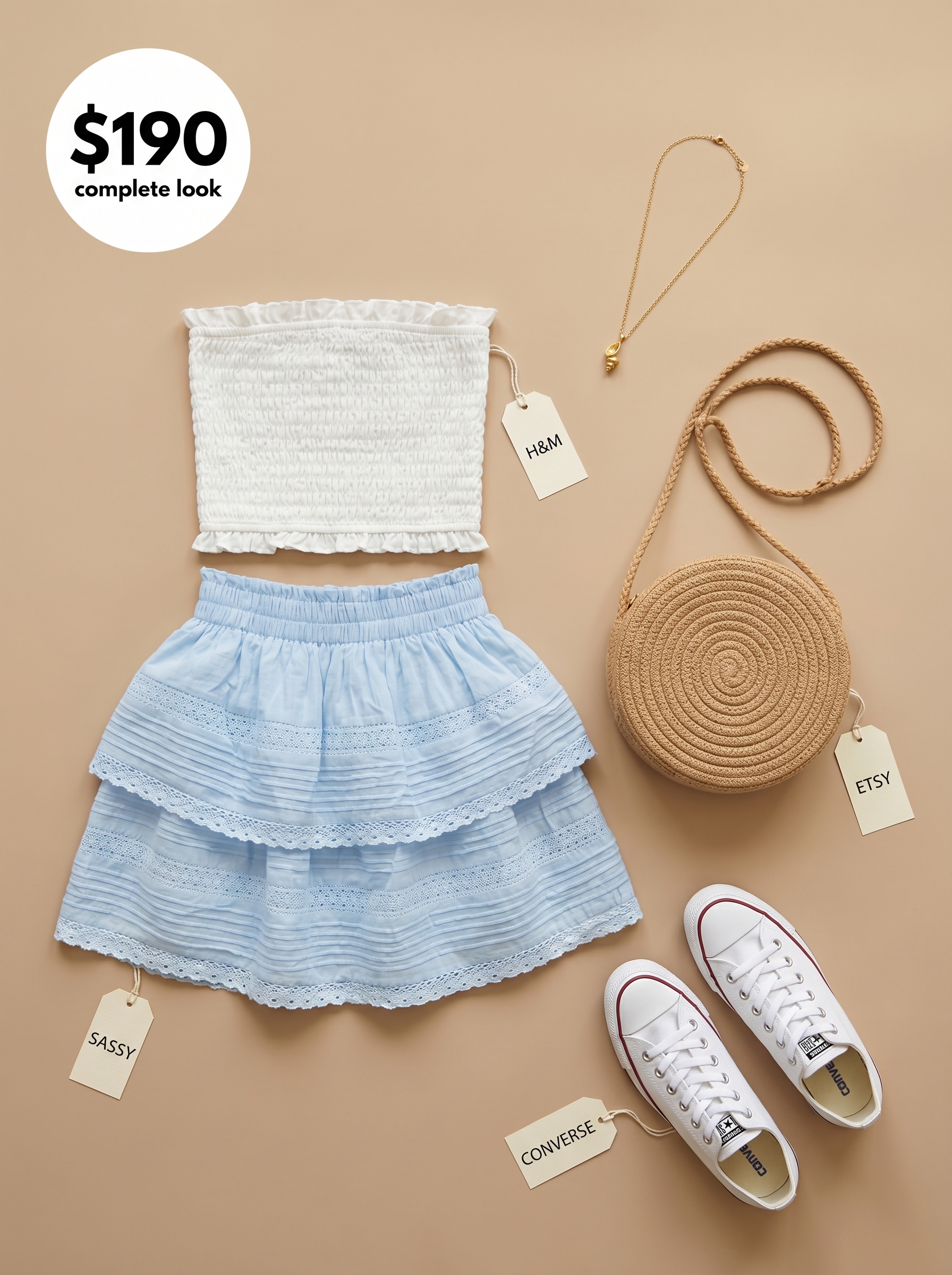A charming sky blue tiered mini skirt and white smocked tube top with white sneakers, straw bag, and shell necklace, perfect for cute outfits for summer 2026 picnics.