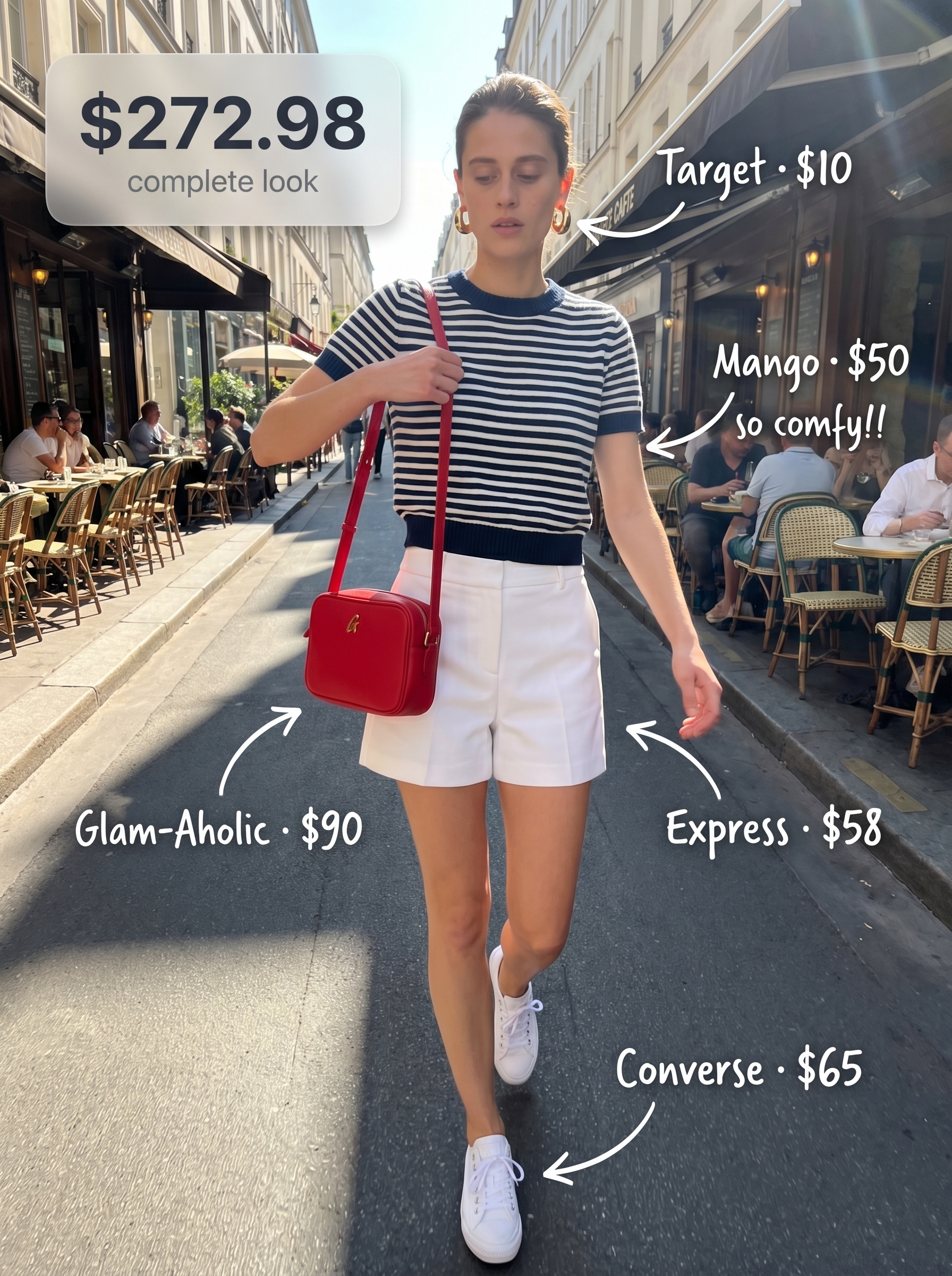 Classic preppy outfit with a navy and white striped knit sweater, white chino shorts, white leather sneakers, and a red crossbody bag. Exemplary of cute outfits for summer 2026.