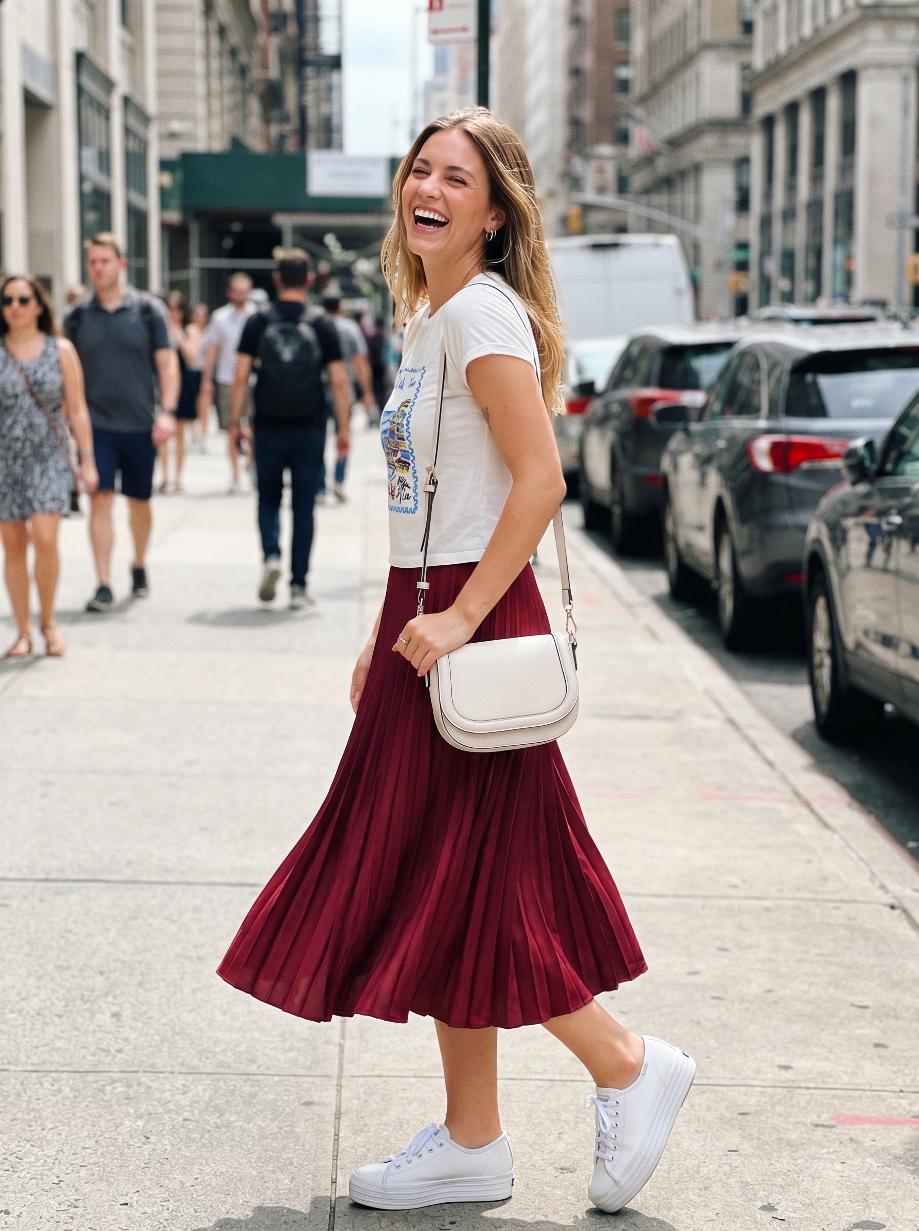 Sweet retro red A-line midi skirt with a vintage graphic tee, white platform sneakers, and silver hoops, offering a nostalgic option for cute outfits for summer 2026.