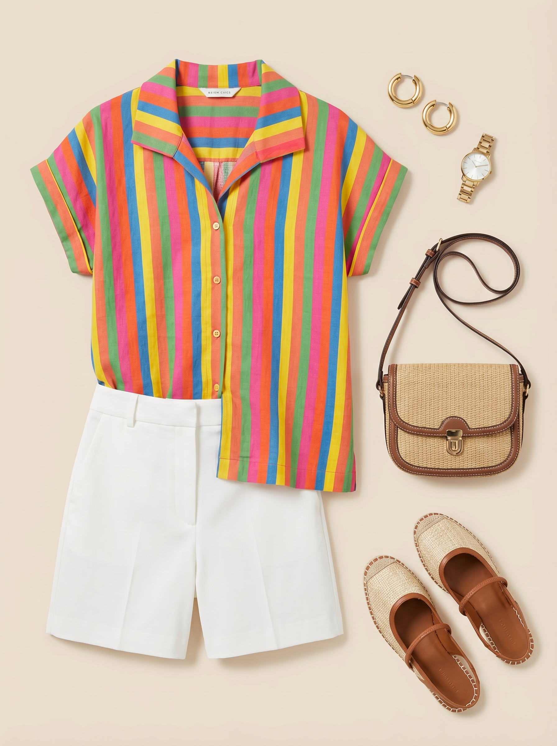 Rainbow stripe knit top, white tailored shorts, and espadrille sandals are cheerful cute outfits for summer 2026. Accessorized with a woven raffia bag and gold hoops.