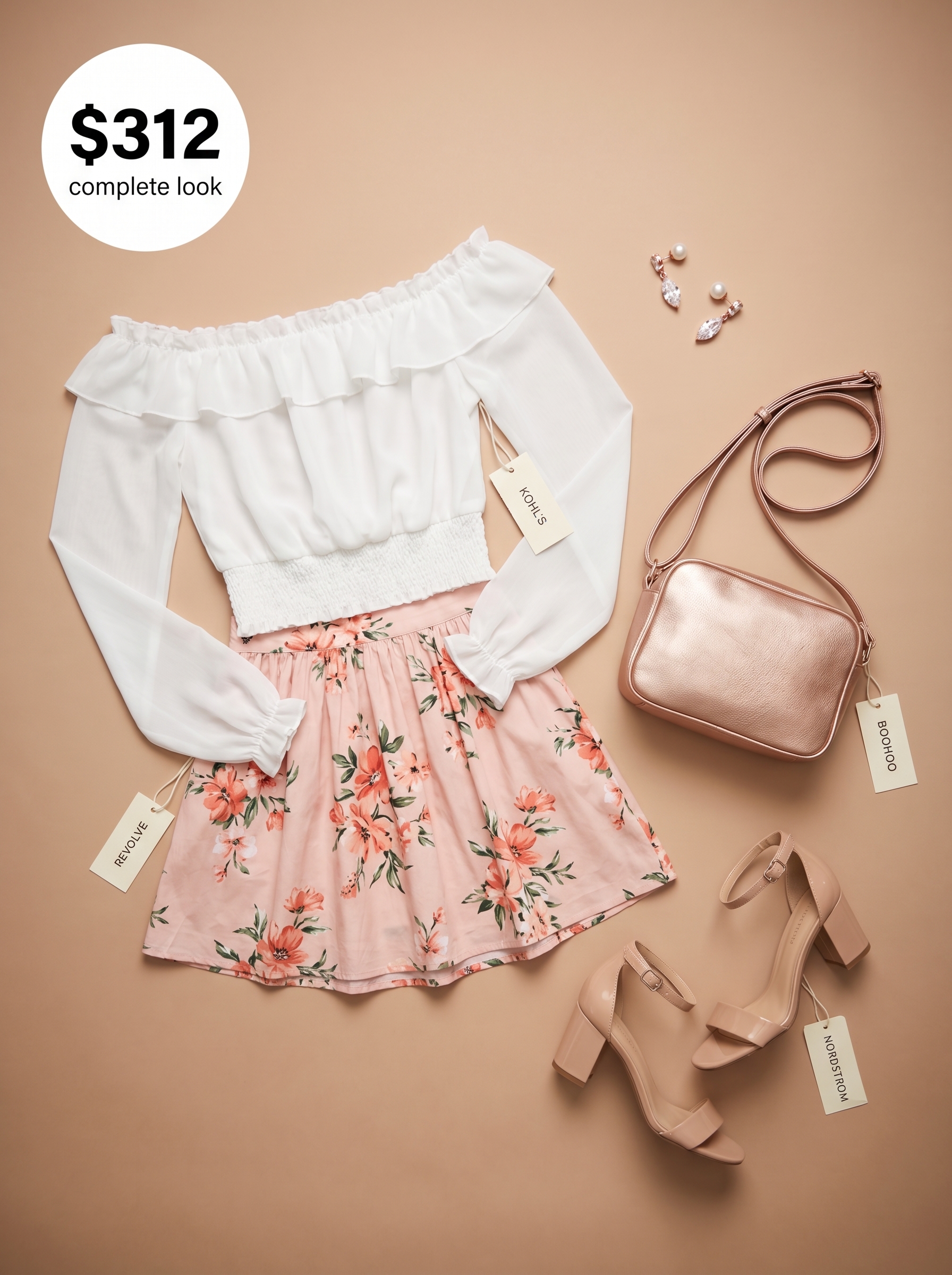 Feminine blush pink floral mini skirt with a cream off-the-shoulder smocked top, nude block heels, and a rose gold bag, perfect for sweet cute outfits for summer 2026 evenings.