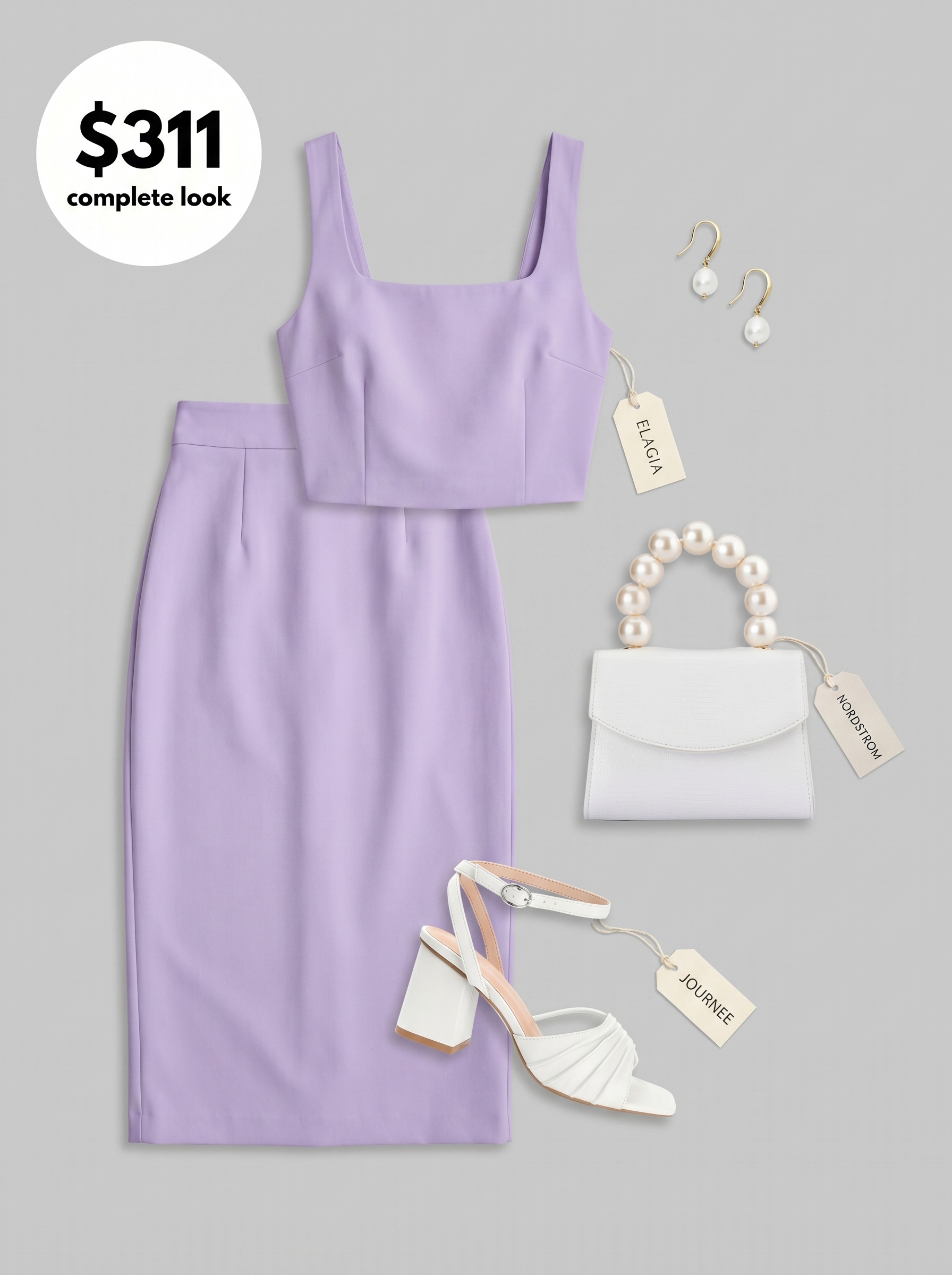 Elegant lavender linen blend matching crop top and midi skirt set, paired with white strappy heels, a pearl-embellished bag, and gold drop earrings for a summer soiree. A top choice for cute outfits for summer 2026.
