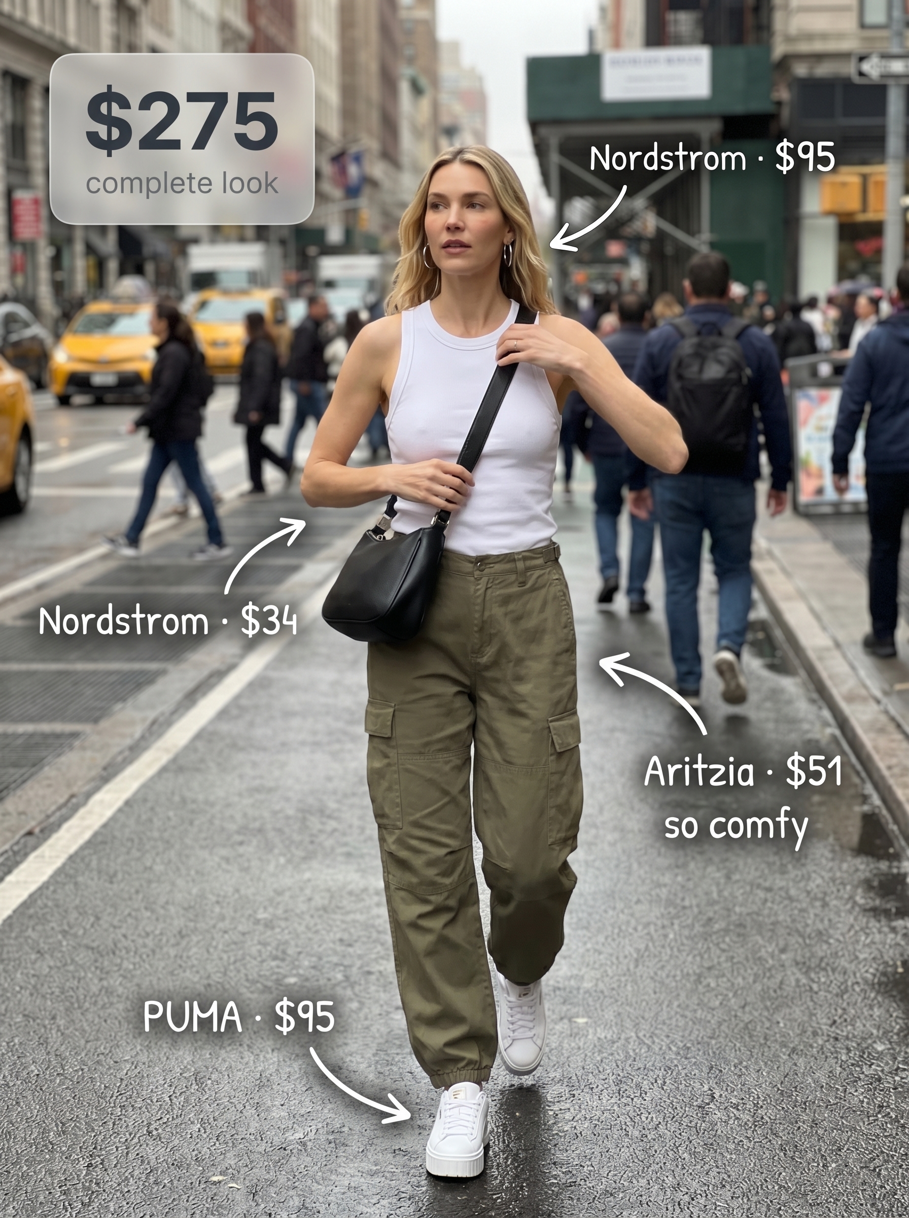 Edgy urban explorer outfit with olive green cargo pants, a white ribbed racerback tank, chunky white platform sneakers, and a black belt bag. Find cute outfits for summer 2026.