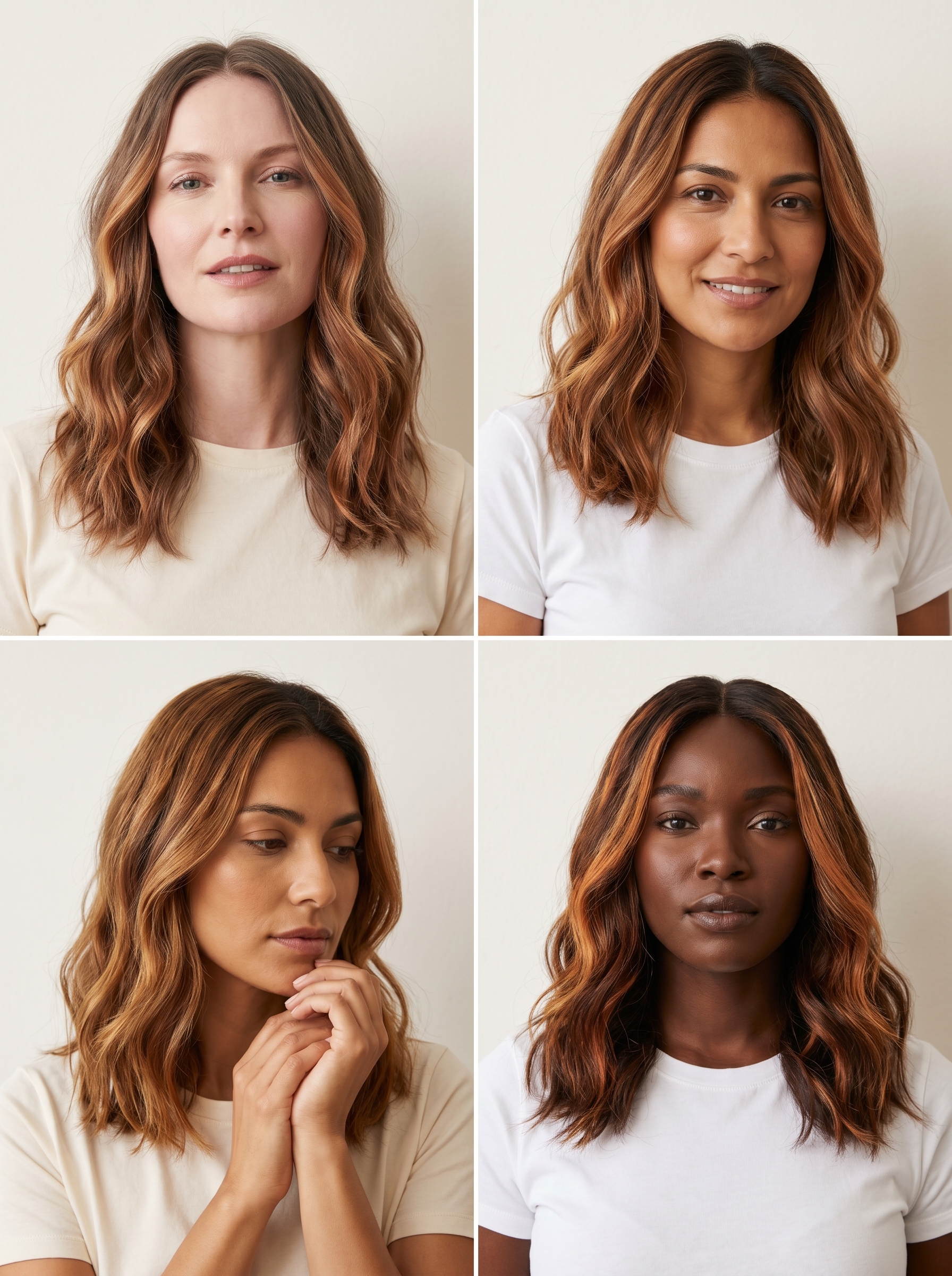 Close-up of hair with reverse caramel ribbons, showcasing a warm blend of faded brown, deep caramel, and rich copper tones, perfect for dark summer hair ideas 2026 for a natural, sun-kissed look.
