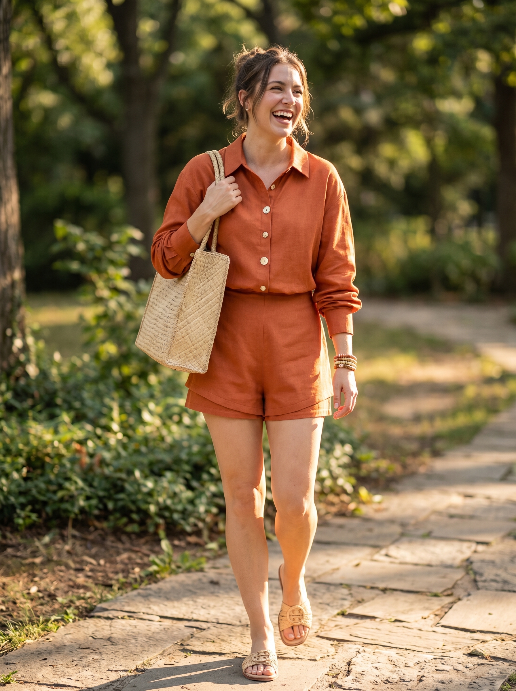 Comfortable terracotta linen two-piece set with raffia slides, a straw hat, and beaded bracelets for east coast summer outfits 2026 backyard BBQs.