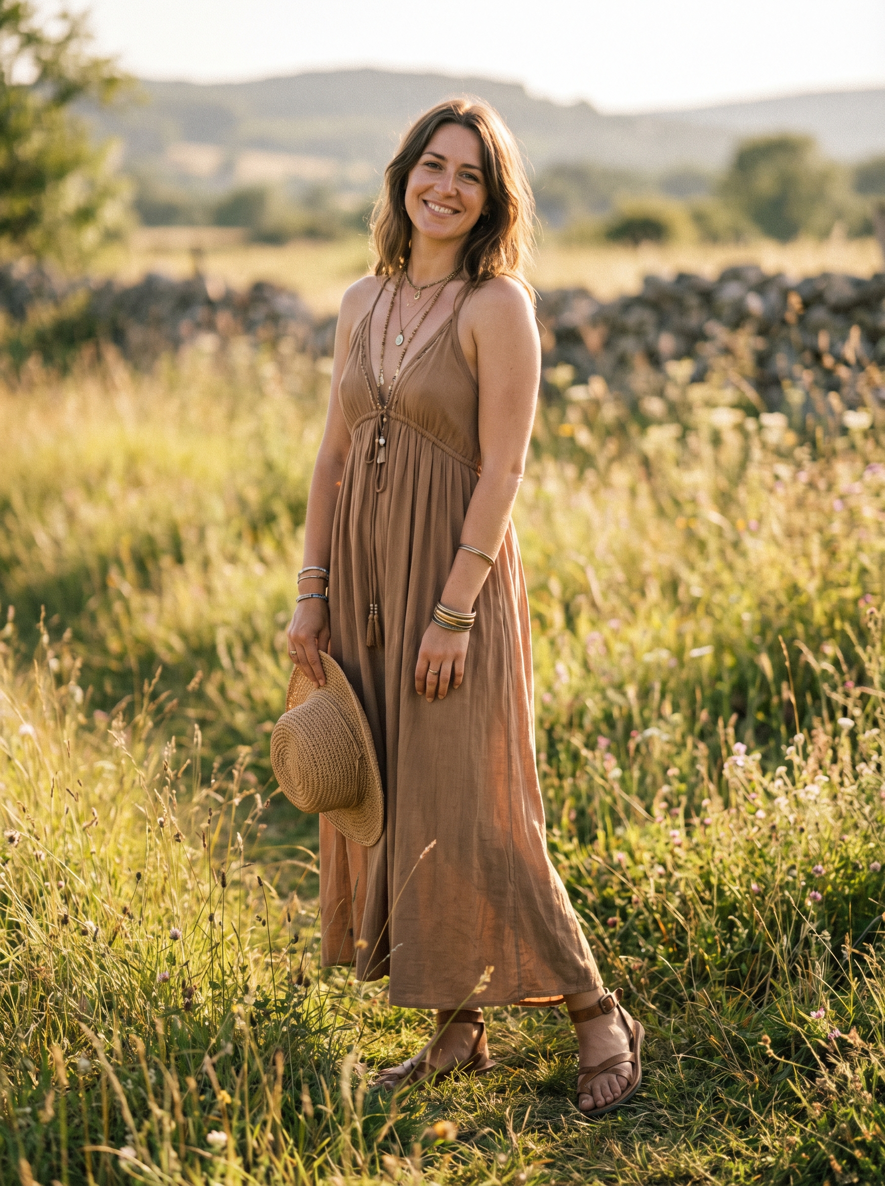 Relaxed terracotta maxi dress with a denim jacket and espadrille sandals; perfect for east coast summer outfits 2026 beach days to bonfires.