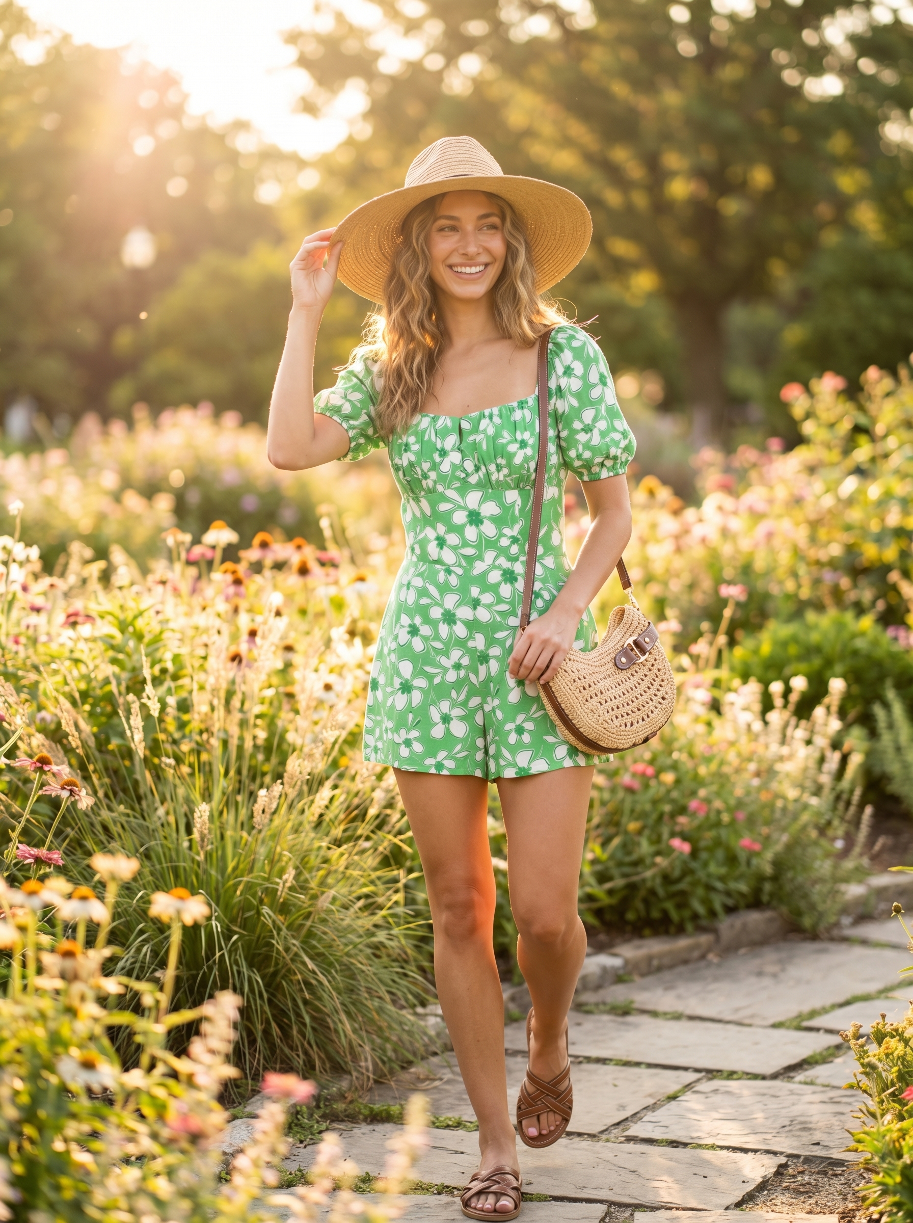 Playful east coast summer outfits 2026 featuring an emerald green floral romper, brown braided sandals, and a raffia crossbody for a summer concert.
