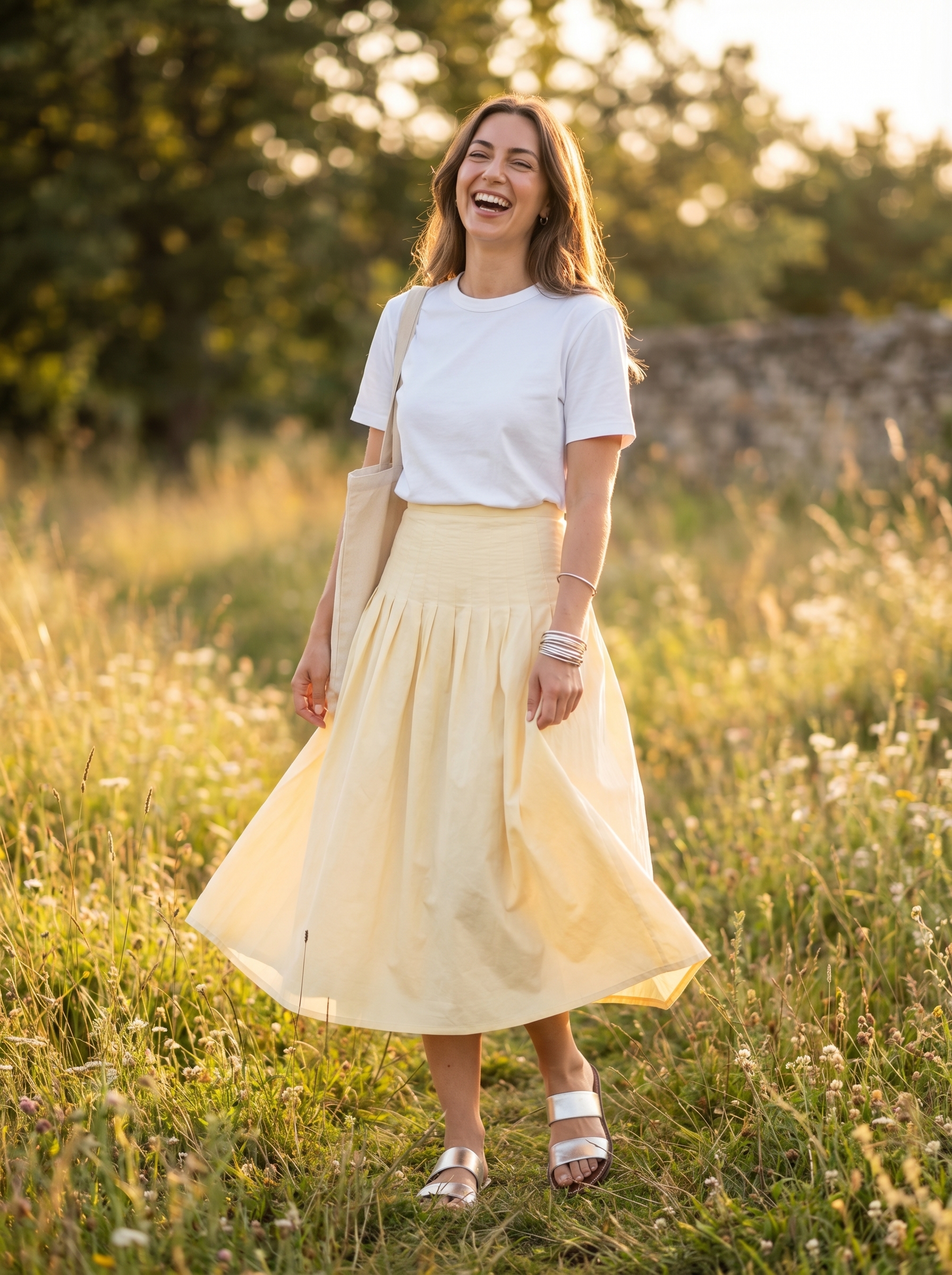 Cheerful lemon yellow A-line midi skirt with a white t-shirt, silver slide sandals, and a canvas tote for east coast summer outfits 2026.