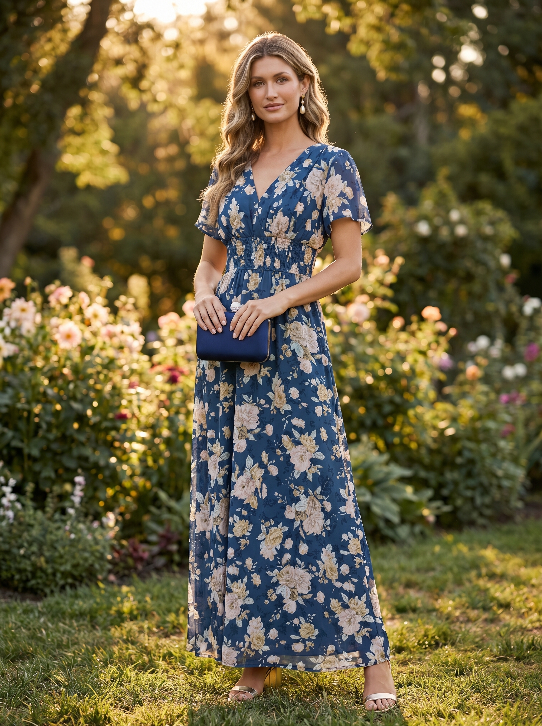 Elegant navy floral maxi dress with gold metallic sandals, a satin clutch, and pearl earrings for east coast summer outfits 2026 dinner dates.