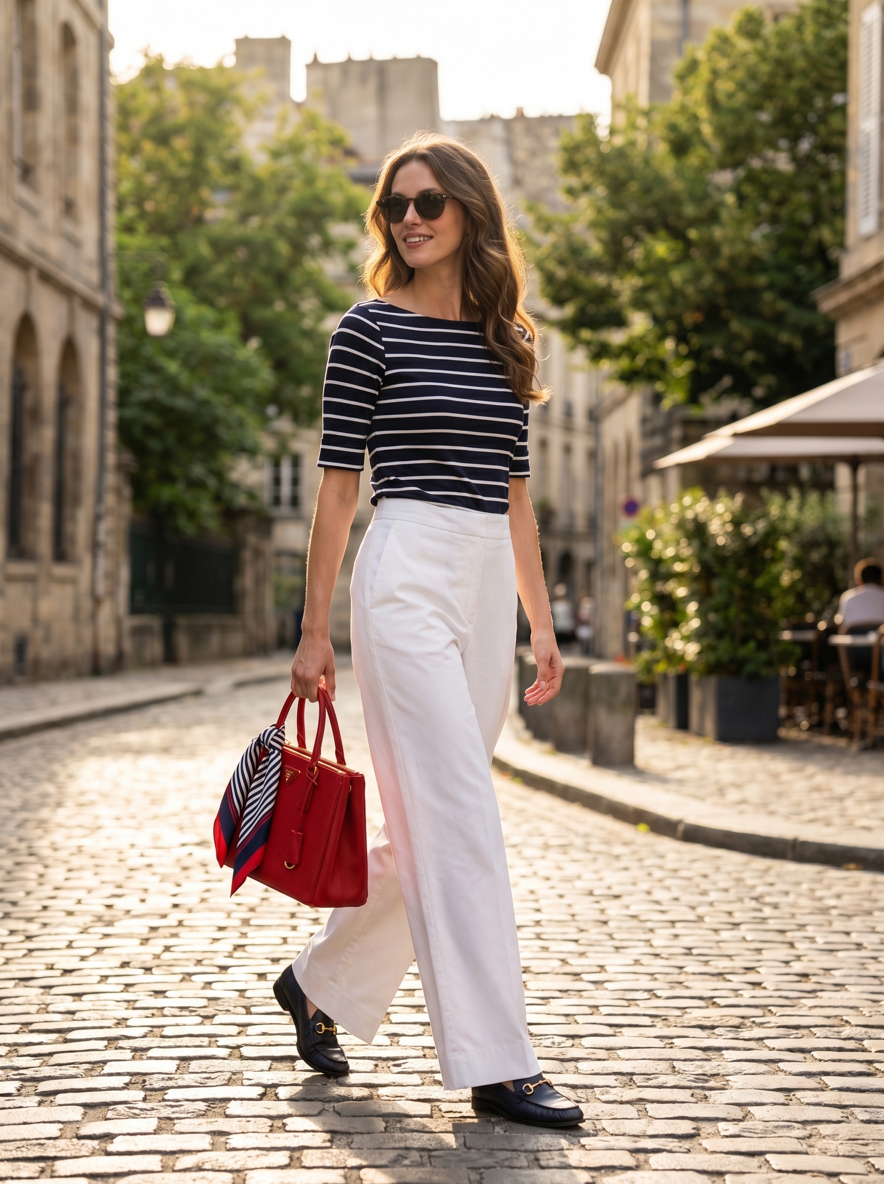Polished white linen wide-leg pants with a navy striped top, leather loafers, and a red bag, perfect for east coast summer outfits 2026 nautical sails.